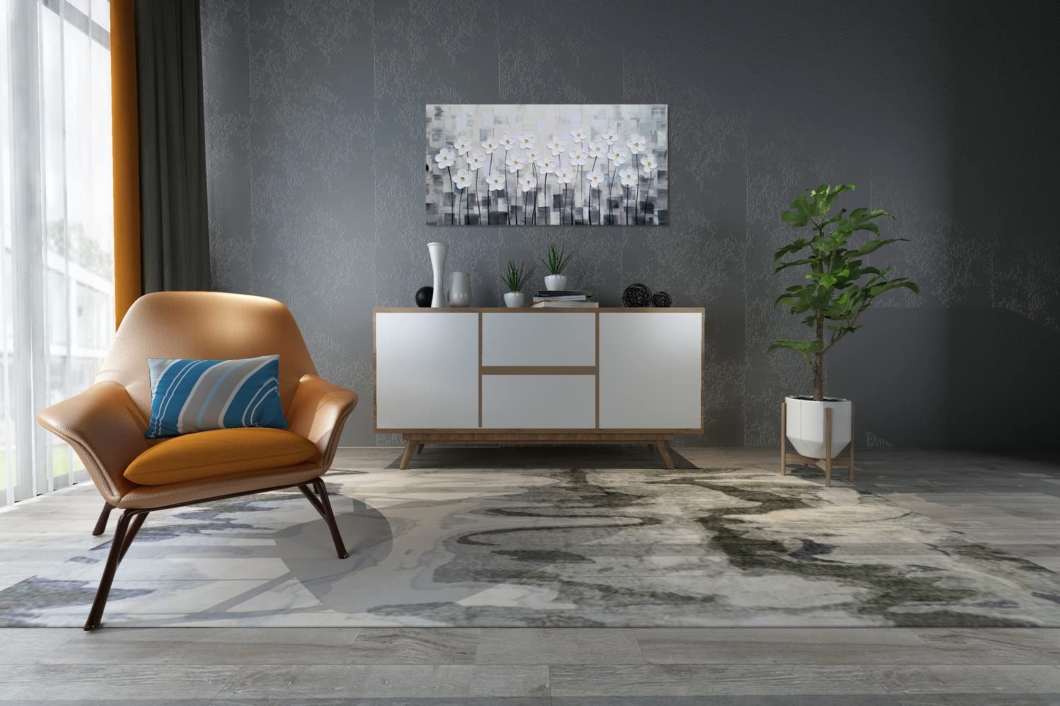 SYGALLERIER White Floral Canvas Wall Art - Hand Painted 3D Modern Abstract Painting - Grey and White Pictures for Living Room, Bedroom, Office & Home Decor - Perfect for Modern Interior Design & Wall Decoration