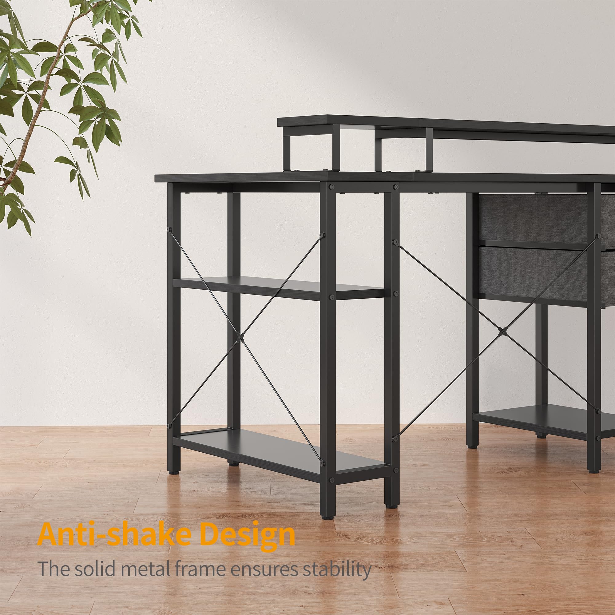 CubiCubi 47 Inch L-Shaped Computer Desk with Monitor Stand, Shelves & Storage Drawer - Black Corner Home Office Desk for Small Spaces, Gaming & Study Workstation