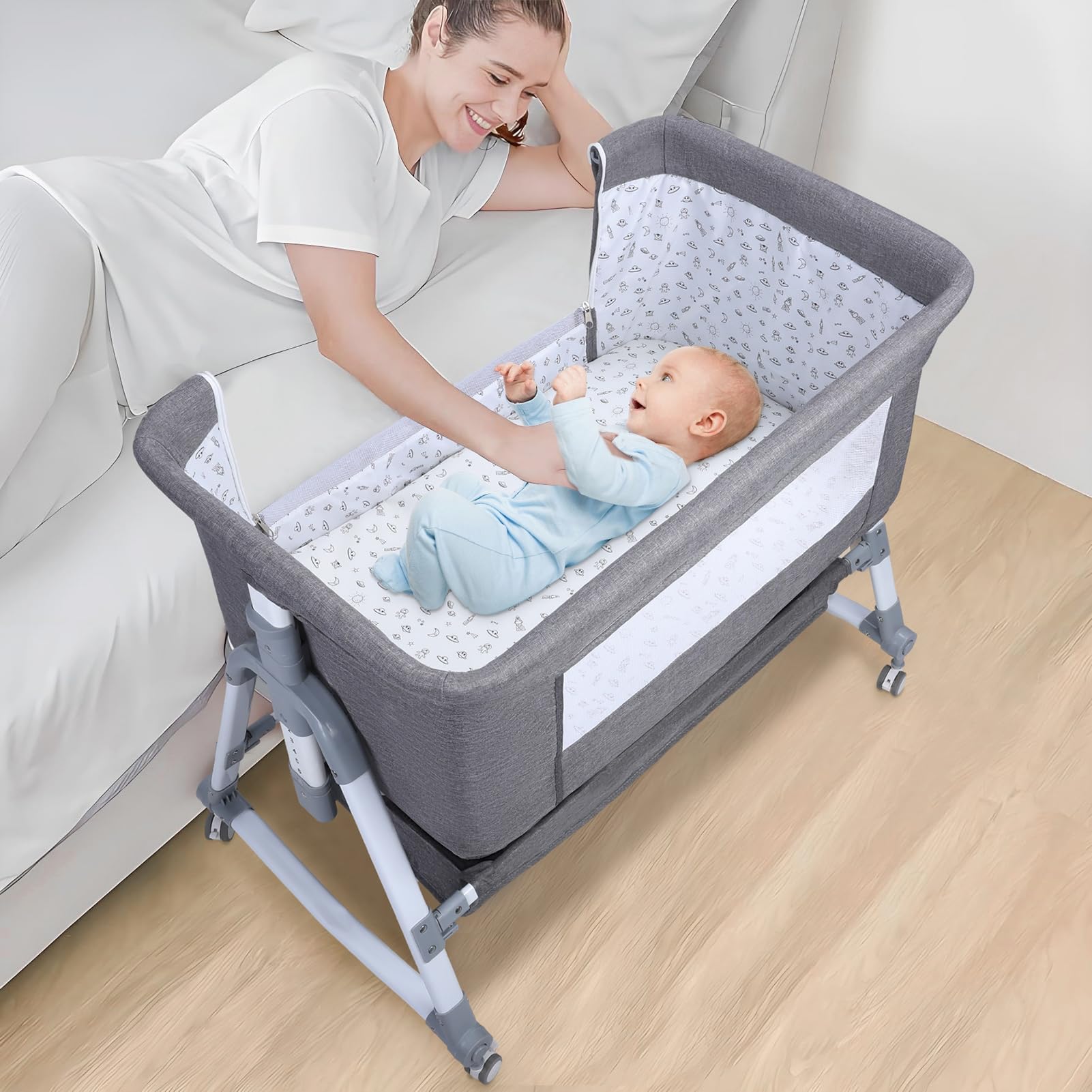 3-in-1 Adjustable Baby Bedside Crib with Mosquito Net - Convertible Bassinet, Large Curvature Cradle & Height-Adjustable Design for Newborns - Perfect for Co-Sleeping, Nursery & Bedroom Safety (Grey)