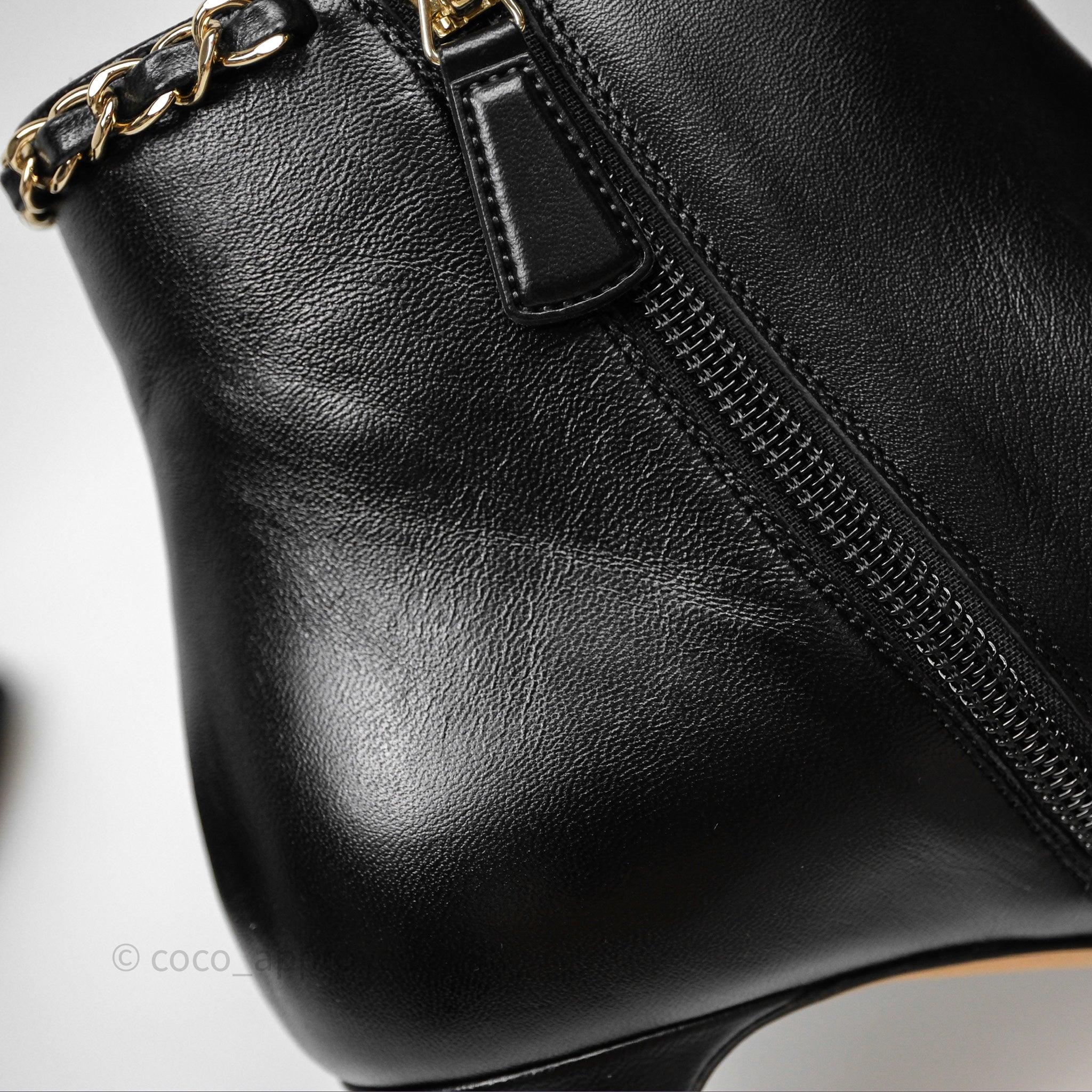 Chanel Black Cap Toe Chain Ankle Boots - Genuine Lambskin Leather Size 36.5 EU (Women's US 6.5) - Luxury Fashion Boots for Evening Parties & Date Nights
