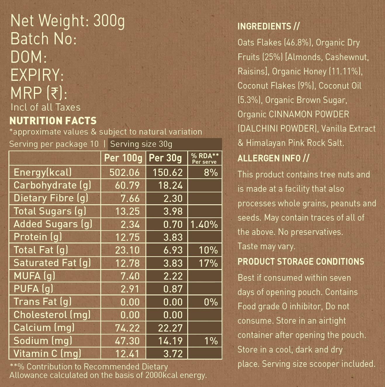 Nourish Organics Oats Granola - 300g | Organic Breakfast Cereal | Healthy Snack for Weight Loss, Energy Boost | Perfect for Yogurt Topping & On-the-Go Meals