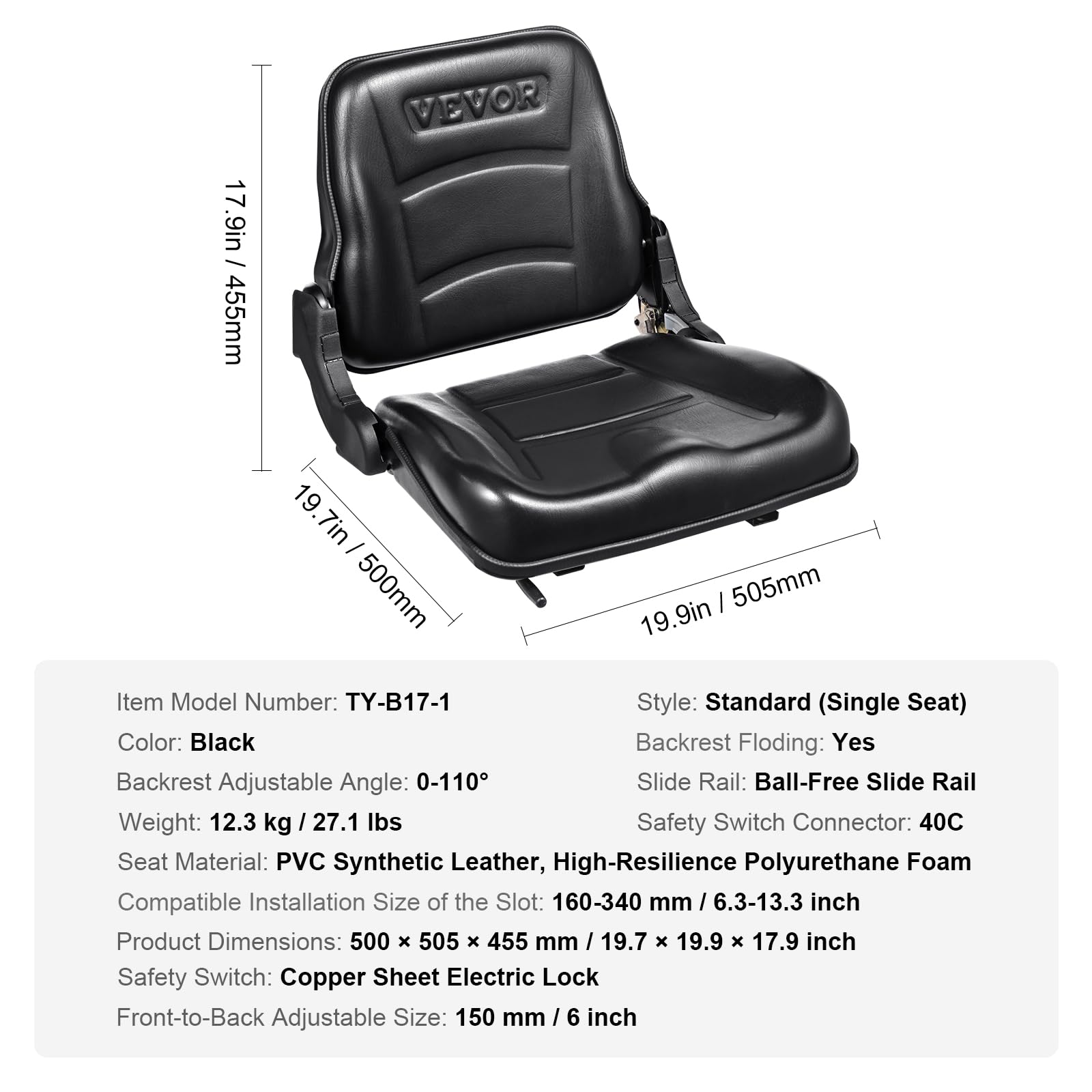 VEVOR Universal Forklift Seat - Adjustable Angle Back & Micro Switch, Fold Down Tractor Seat with 6.3-13.4