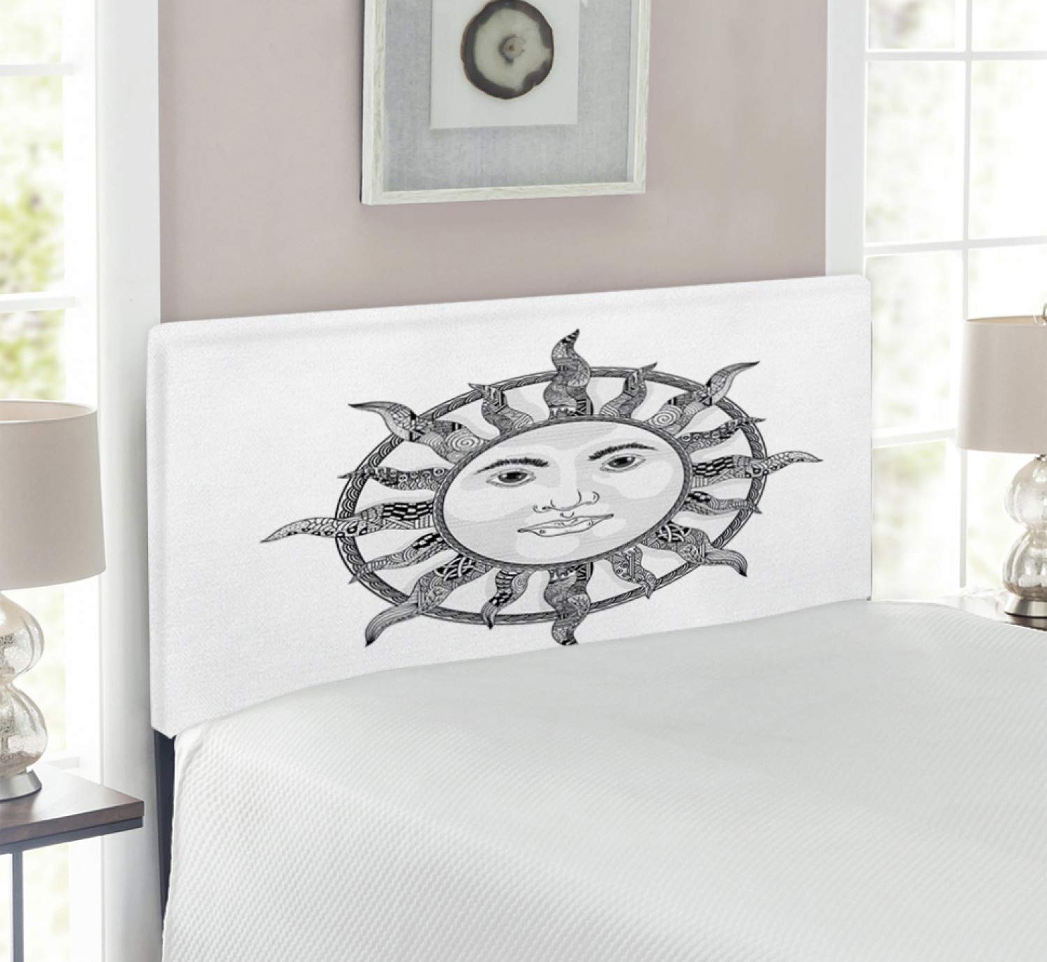 Ambesonne Twin Size Sun Headboard - Black & White Monochrome Zentangle Design with Human Face & Heavenly Body, Upholstered Metal Bed Frame with Memory Foam | Perfect for Bohemian & Modern Bedroom Decor