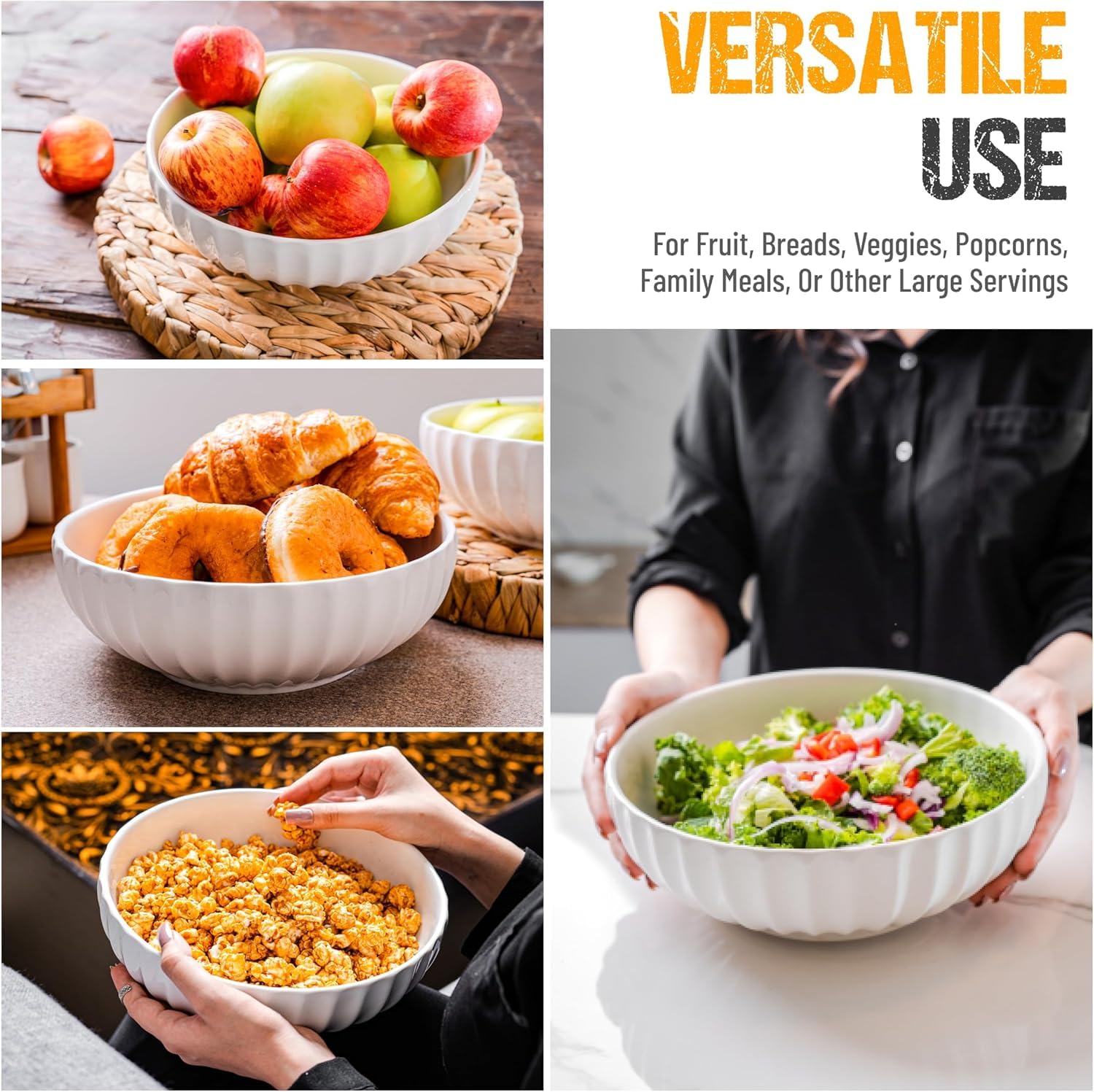 Premium White Ceramic Serving Bowls Set - Large Salad Bowls for Entertaining, Pasta, Fruit & Soup | Extra Large Serving Dishes for Dining & Parties | Elegant Tableware for Restaurants, Family Gatherings & Buffets