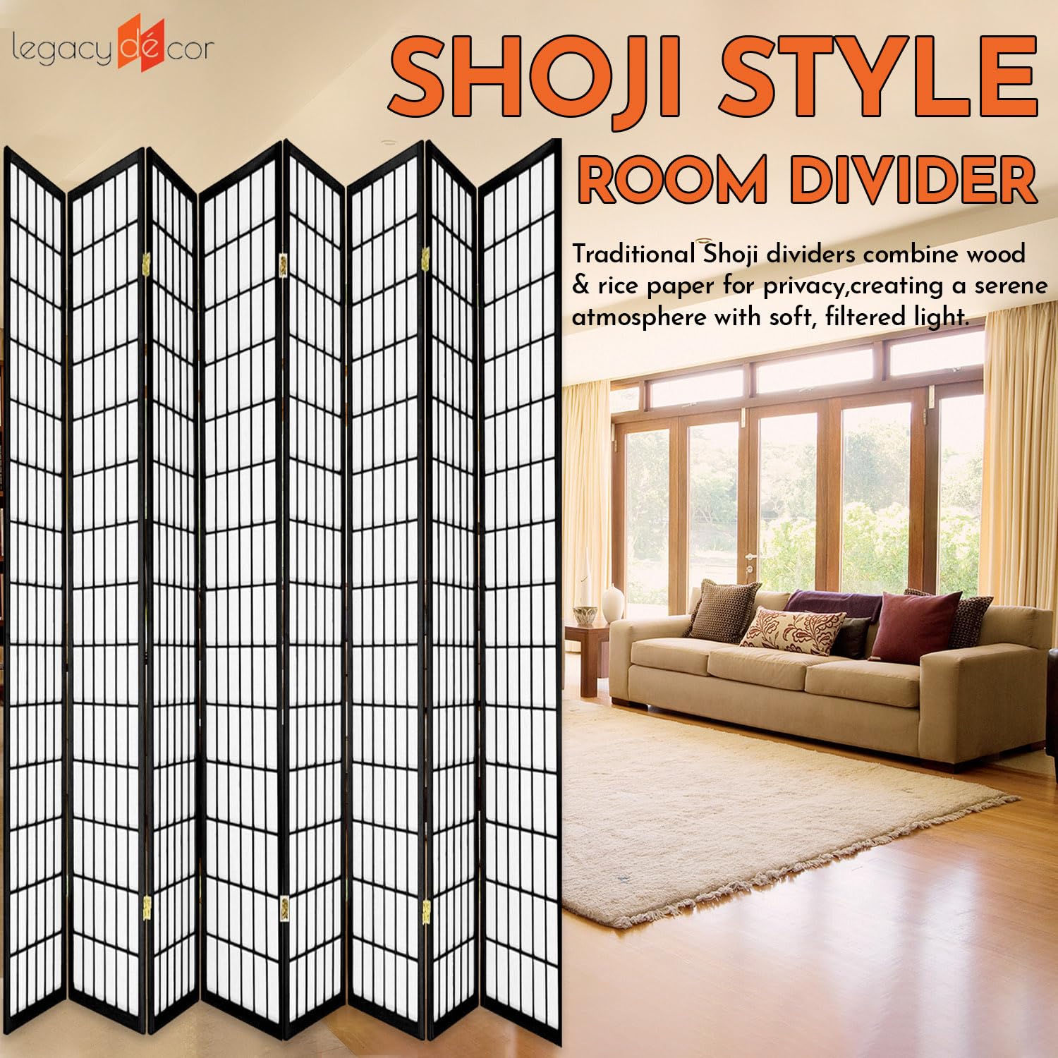 Legacy Decor 8-Panel Room Divider Privacy Screen - Black Shoji Style Partition 71