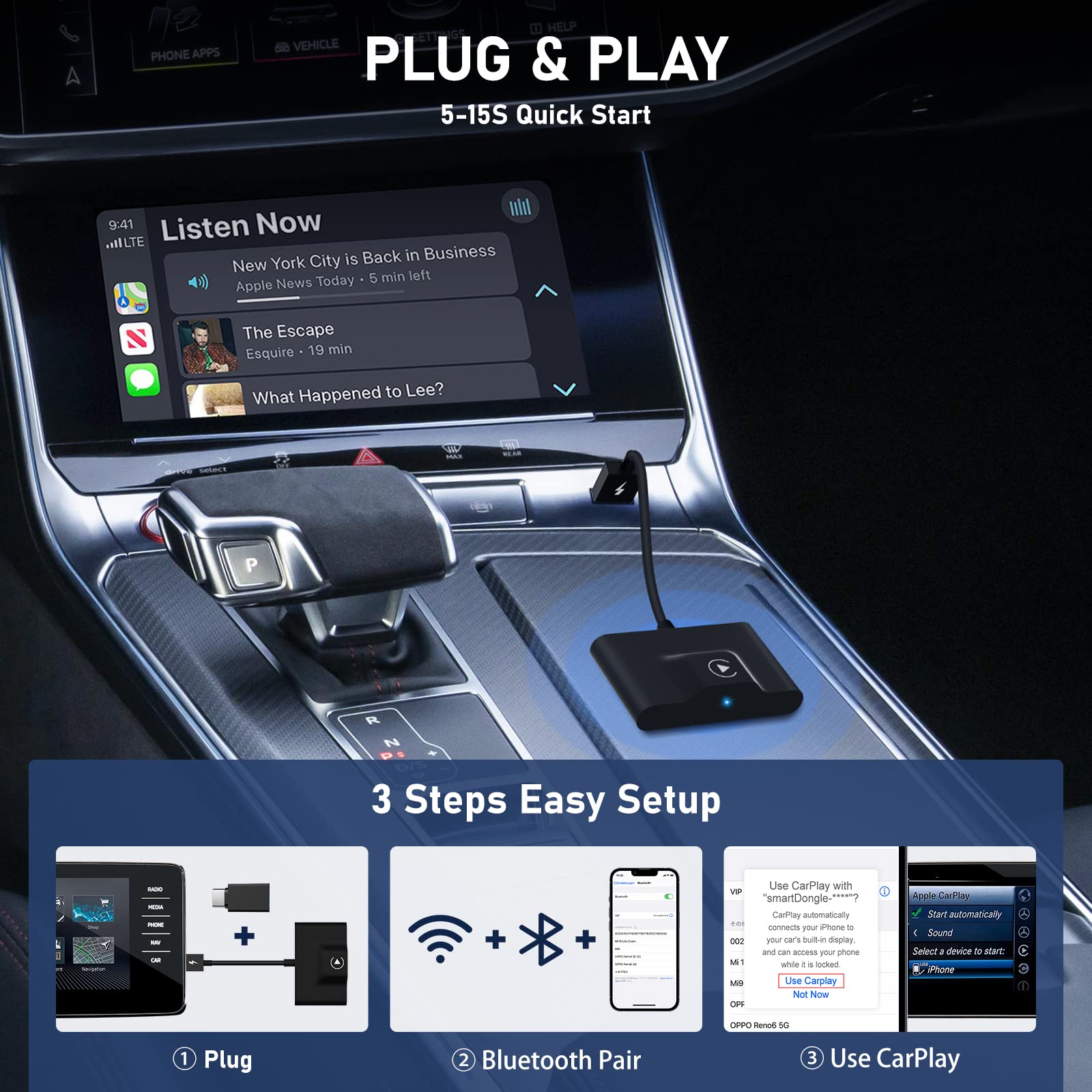 2024 Wireless CarPlay Adapter - Plug & Play Dongle for Factory Wired CarPlay, Converts to Wireless Fast & Easy, Compatible with 2015+ Cars & iPhone iOS 10+ (Perfect for Commuting, Road Trips & Hands-Free Driving)