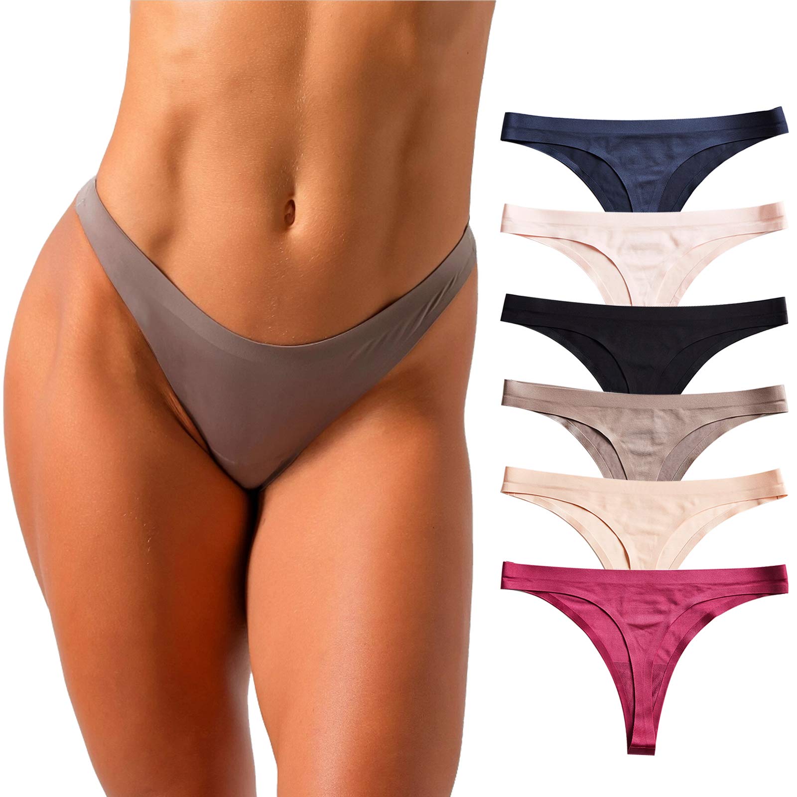 Seamless Thongs for Women - No Show Underwear 6 Pack | Soft Ice Silk Tangas Panties | Comfortable & Sexy for Everyday Wear, Yoga, Workout & Lounge
