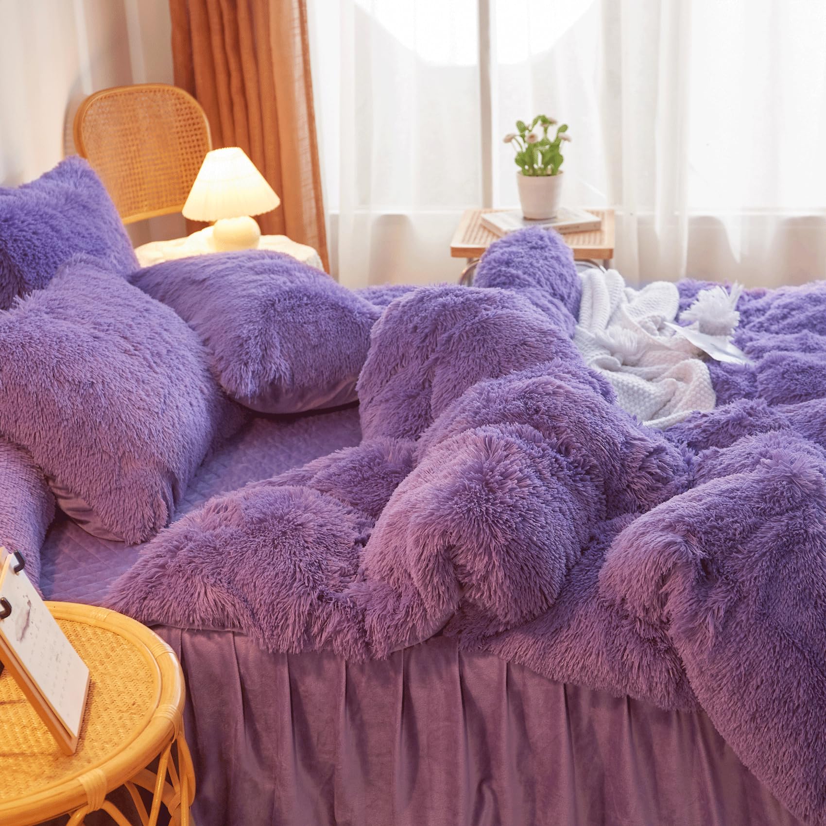 Soft Fluffy Purple Comforter Cover Set Queen Size - 3 Piece Plush Bedding Set (1 Faux Fur Duvet Cover + 2 Shaggy Pillowcases) - Cozy Winter Bedroom Decor for Girls & Women