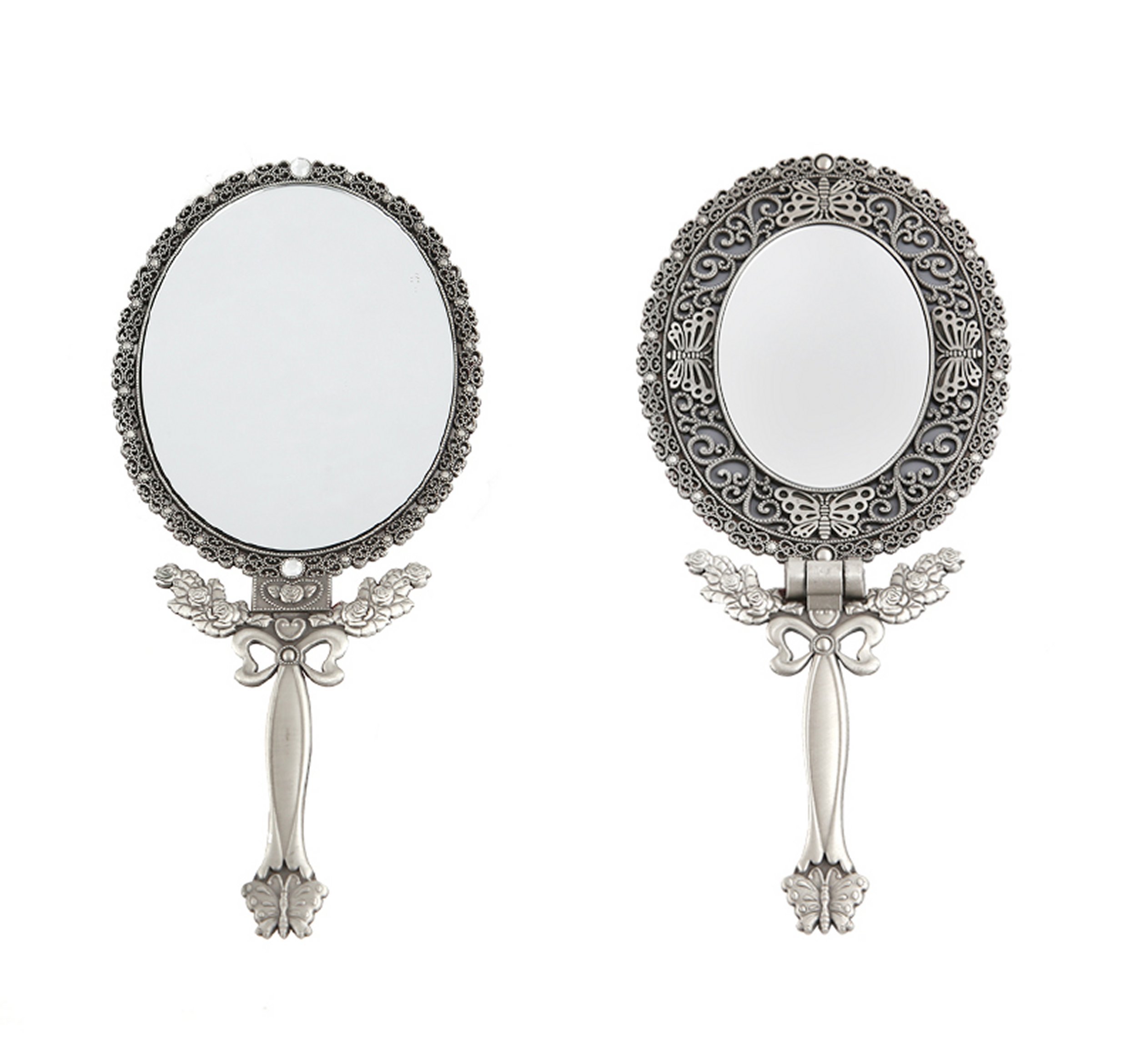 Butterfly Design Double-Sided Magnifying Handheld Makeup Mirror with Folding Stand - Travel & Vanity Mirror for Home, Hotel, and On-the-Go (Medium, Matte Gray Tin) - Perfect for Makeup Application, Skincare, and Travel Essentials