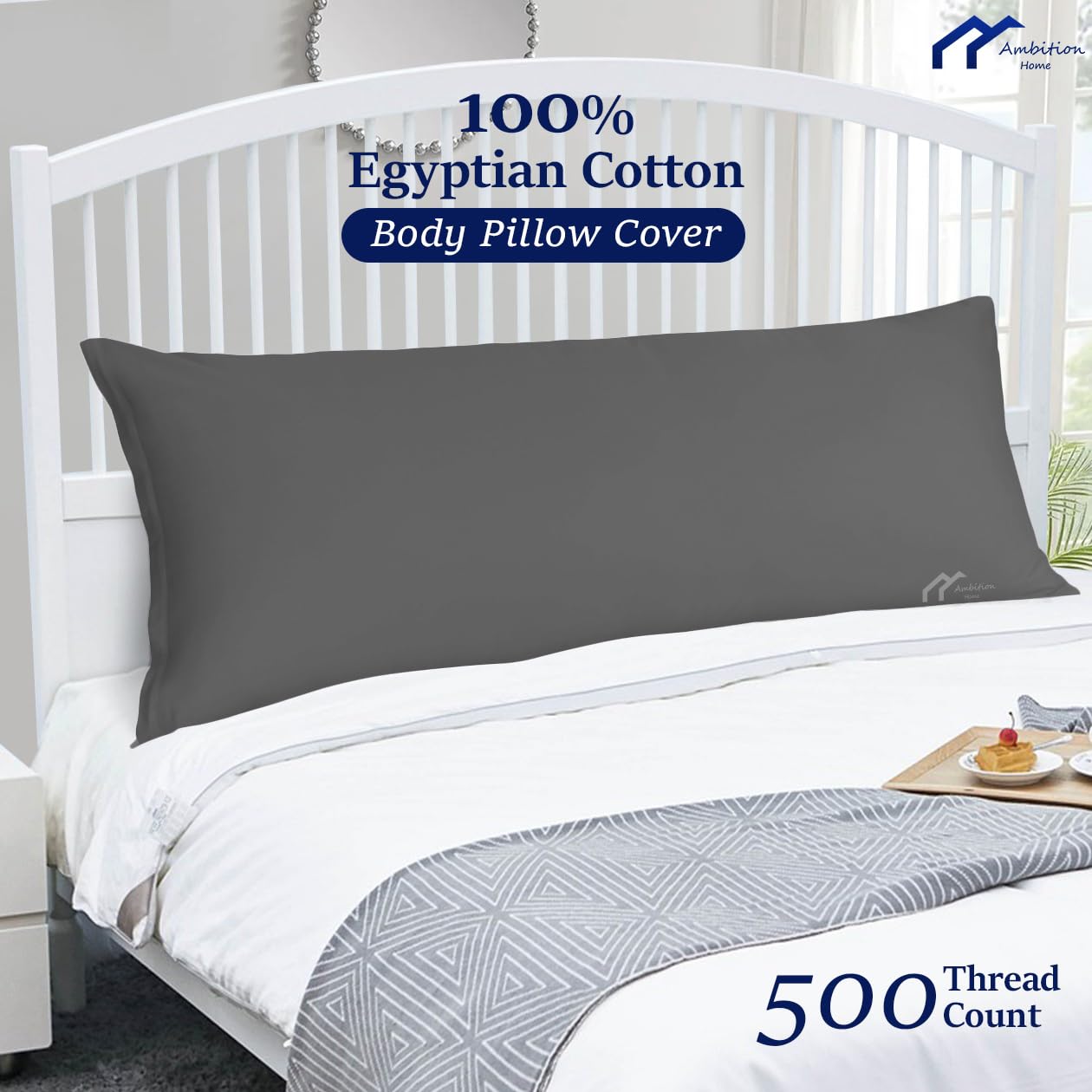 Premium 20x60 Inch Body Pillow Cover - 100% Soft Egyptian Cotton, 500 Thread Count with Zipper Closure | Dark Grey Solid | Perfect for Pregnancy Support, Back Pain Relief & Home Decor