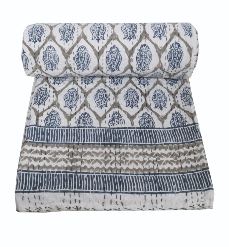 YUVANCRAFTS Indian Hand Block Print Kantha Quilt - 100% Cotton Kantha Throw Blanket & Bedspread - Queen/King Size (108x108 Inch) Multi Floral Design - Perfect for Bedroom Decor, Sofa Cover, or Boho Chic Home Accent
