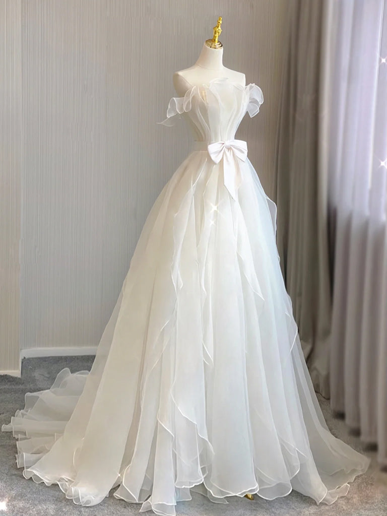 Elegant A-Line Organza White Long Prom Dress for Women - Formal Evening Gown for Homecoming, Wedding, and Special Occasions