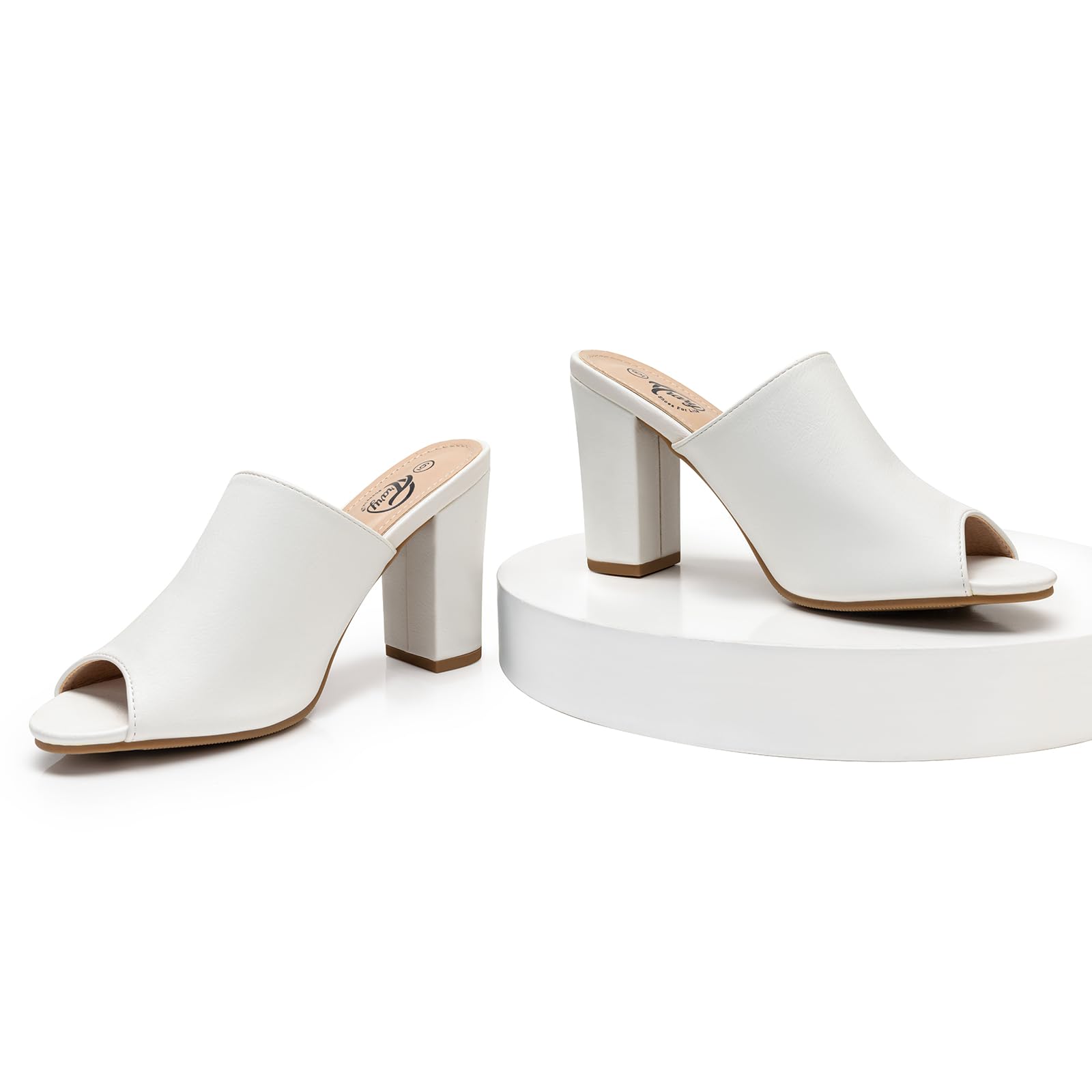 Women's Chunky Block Heel Sandals - Open Toe Slip On Mules in Black, White, Pink & Brown | Comfortable Dressy & Casual Heels for Weddings, Parties & Office Wear