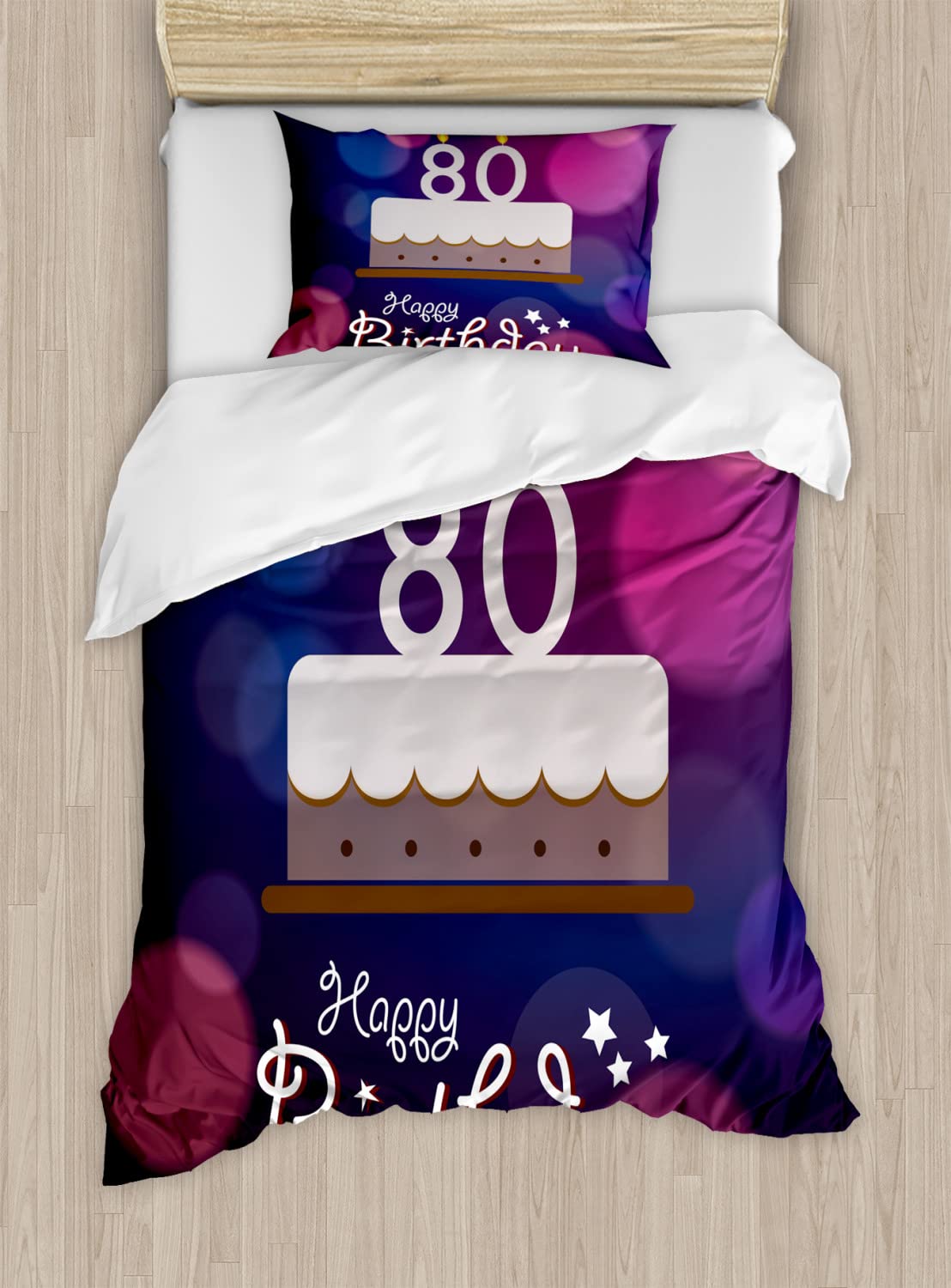 Ambesonne 80th Birthday Duvet Cover Set - Queen Size 2-Pack with 2 Duvet Covers & 4 Pillowcases - Abstract Celebration Print of Party Cake and Candles in Purple, Pink & Lilac - Perfect for Birthday Decorations, Guest Room Bedding, and Special Occasion Gifts