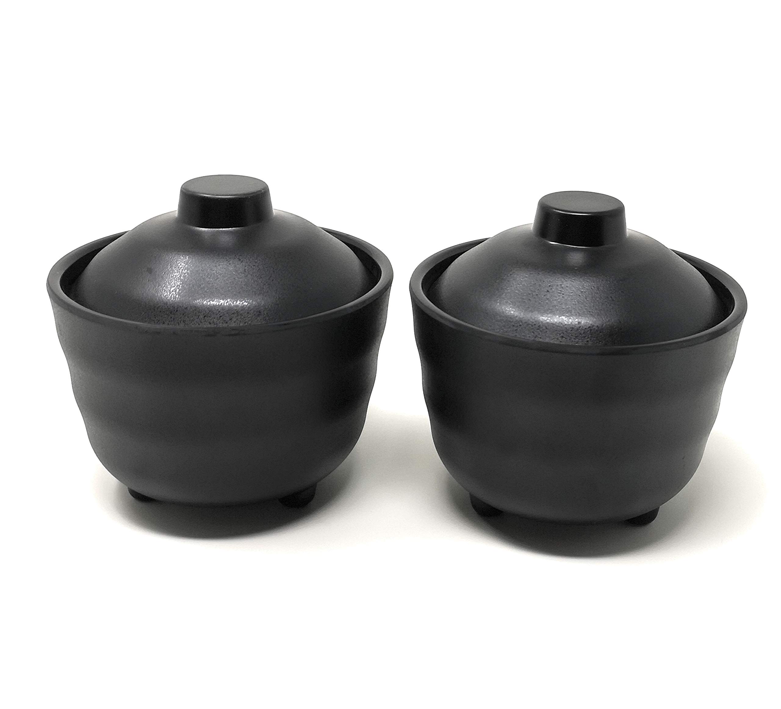 Premium Japanese Rice and Soup Bowls with Lid - All Black Melamine Hard Plastic Set (2 Bowls, 4.72