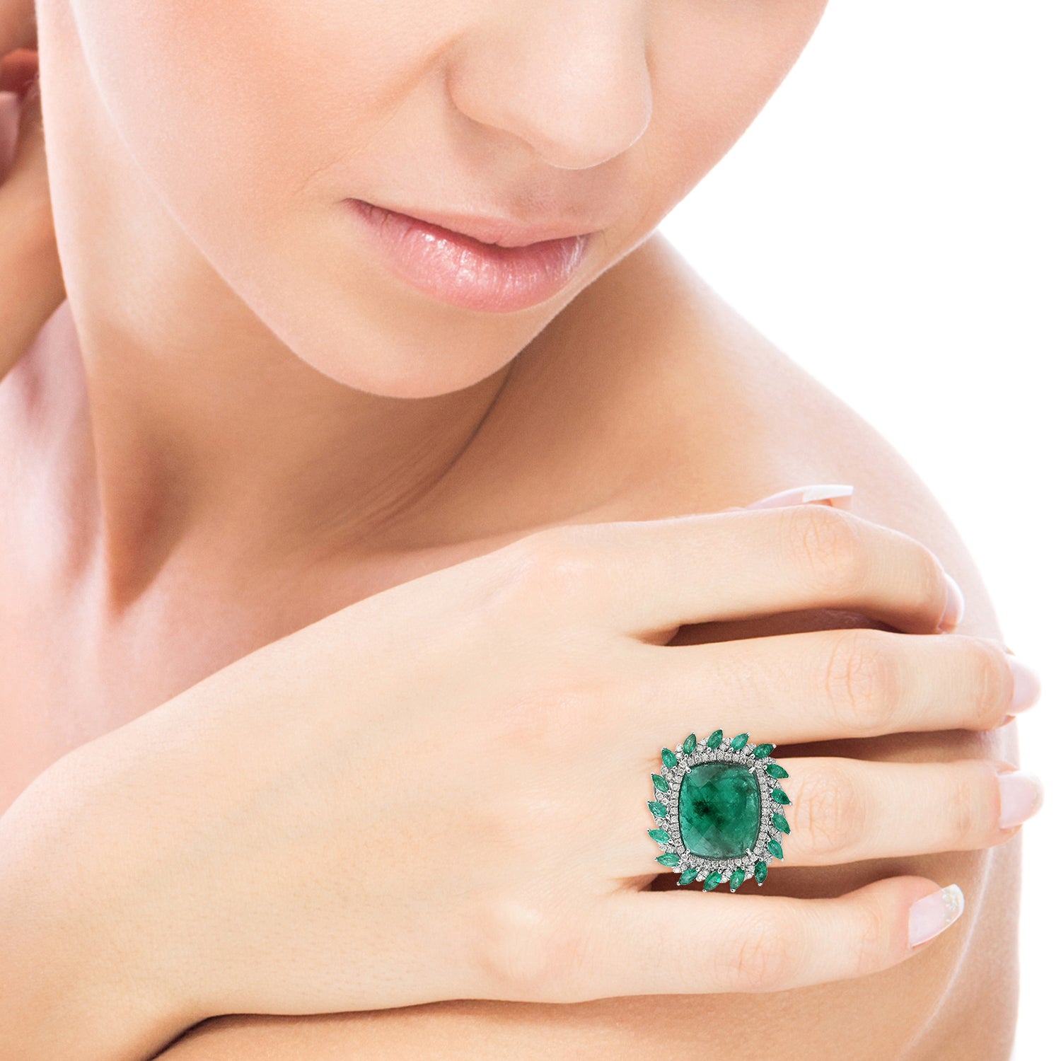 18K White Gold Marquise Cut Emerald and Pave Diamond Cocktail Ring for Women - Elegant Evening Wear & Special Occasion Jewelry Gift