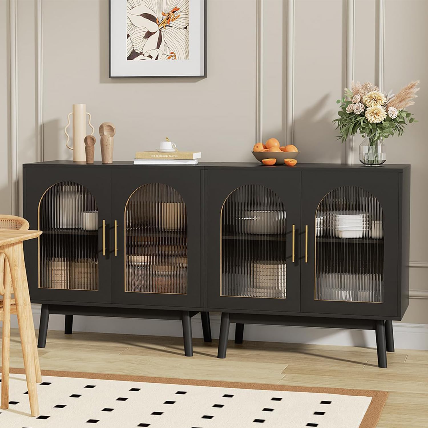 Modern Black Sideboard Buffet Cabinet with Glass Doors & Storage - Kitchen, Dining Room, Living Room Accent Furniture (Set of 2) | Perfect for Home Entryway, Hallway Organization & Stylish Display