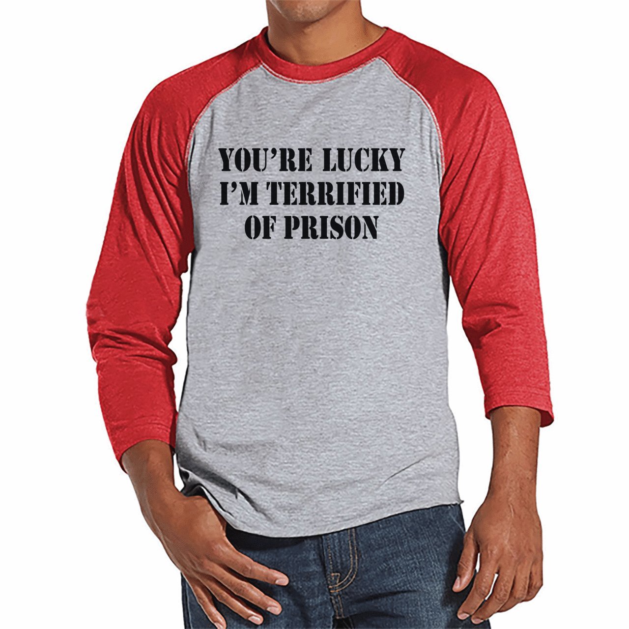 7 Ate 9 Apparel Men's Funny Prison Graphic Raglan Tee - Comfortable Humor Novelty Shirt for Casual Wear & Gag Gifts