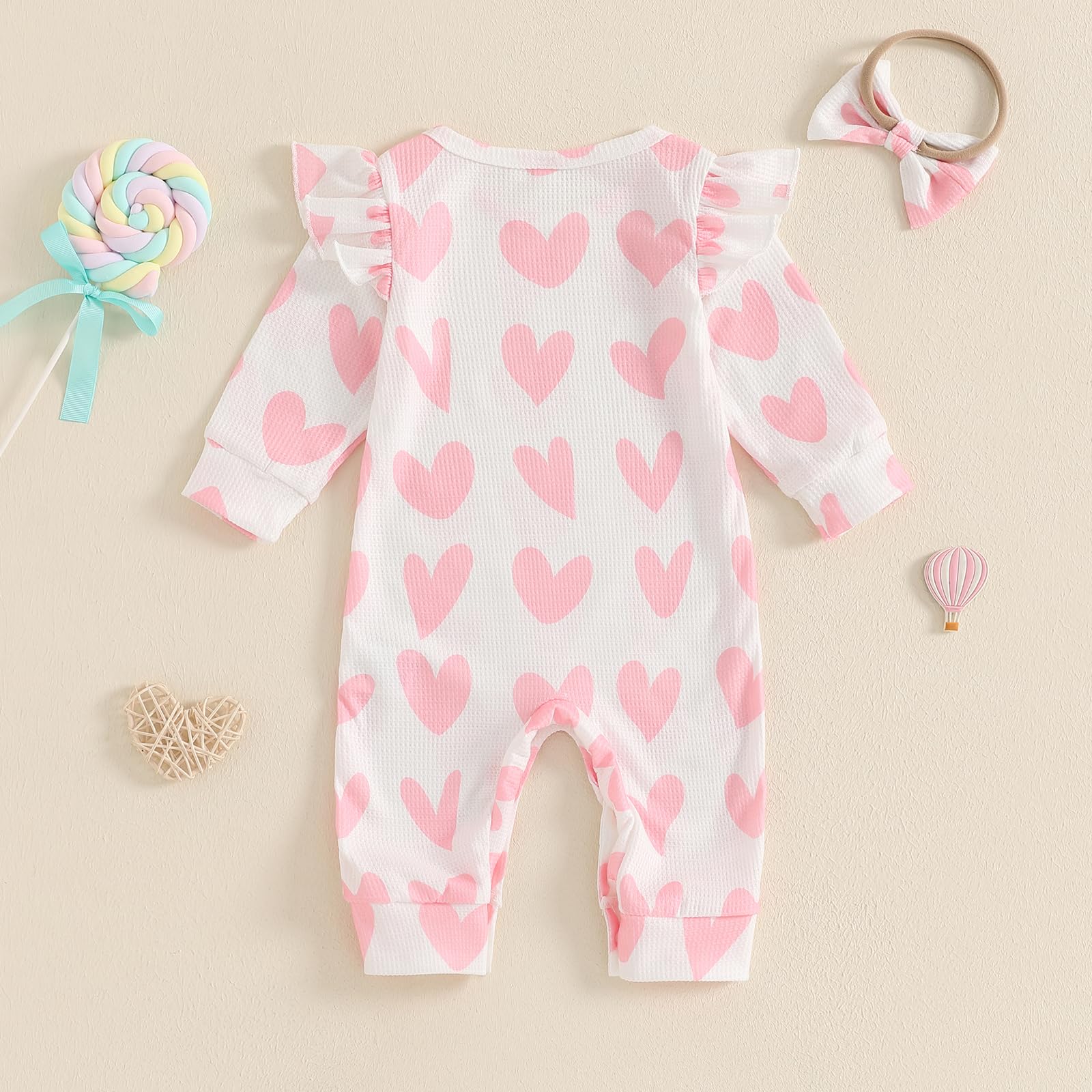KOSUSANILL Baby Girl Valentine's Day Outfit - Ruffle Long Sleeve Romper with Heart Print, Waffle Knit Jumpsuit & Headband Set | Cute Fall Clothes for Photoshoots, Parties & Special Occasions
