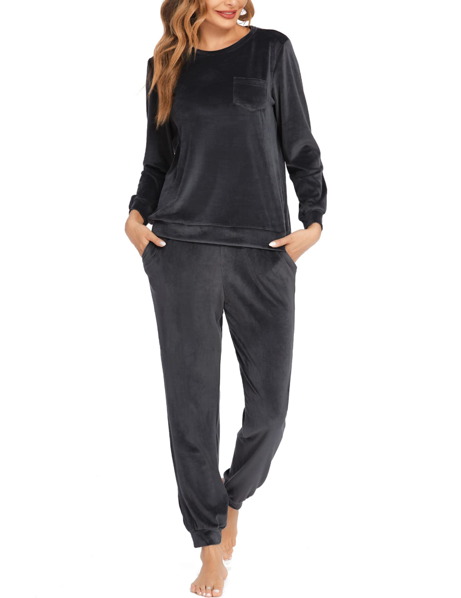 Ekouaer Couples Matching Pajamas Sets - Long Sleeve Velvet Sleepwear for Women & Men, Soft 2-Piece Pajama Set with Pockets for Christmas, Valentine's Day & Cozy Winter Nights at Home