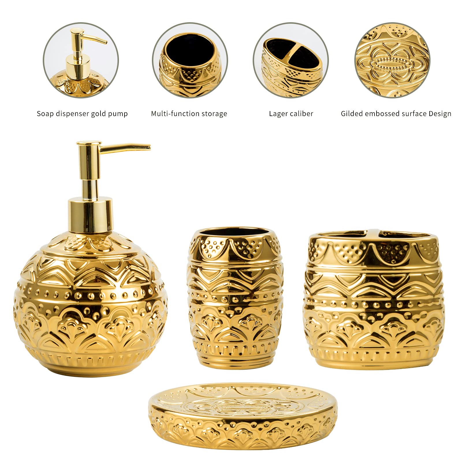 5-Piece Gold Ceramic Bathroom Accessories Set - Toothbrush Holder, Cup, Soap Dispenser, Soap Dish & Trash Can - Elegant Home Decor for Modern Bathrooms