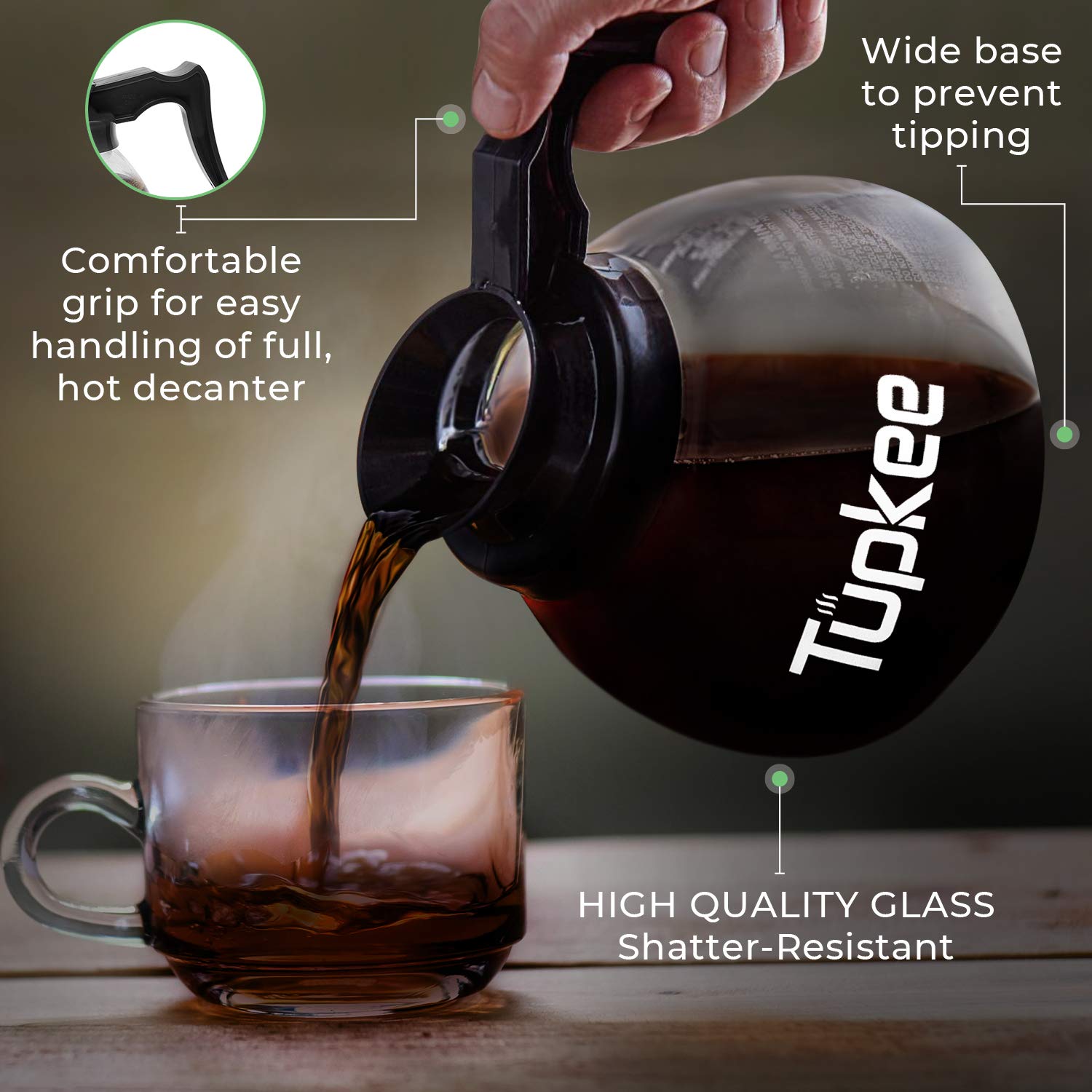 Premium 64 oz Glass Coffee Carafe with Black Handle - 12-Cup Capacity, Set of 3 + Bonus Coffee Machine Descaler - Perfect for Drip Coffee Makers, Espresso Machines & Keurig Brewers - Ideal for Home, Office & Restaurant Use