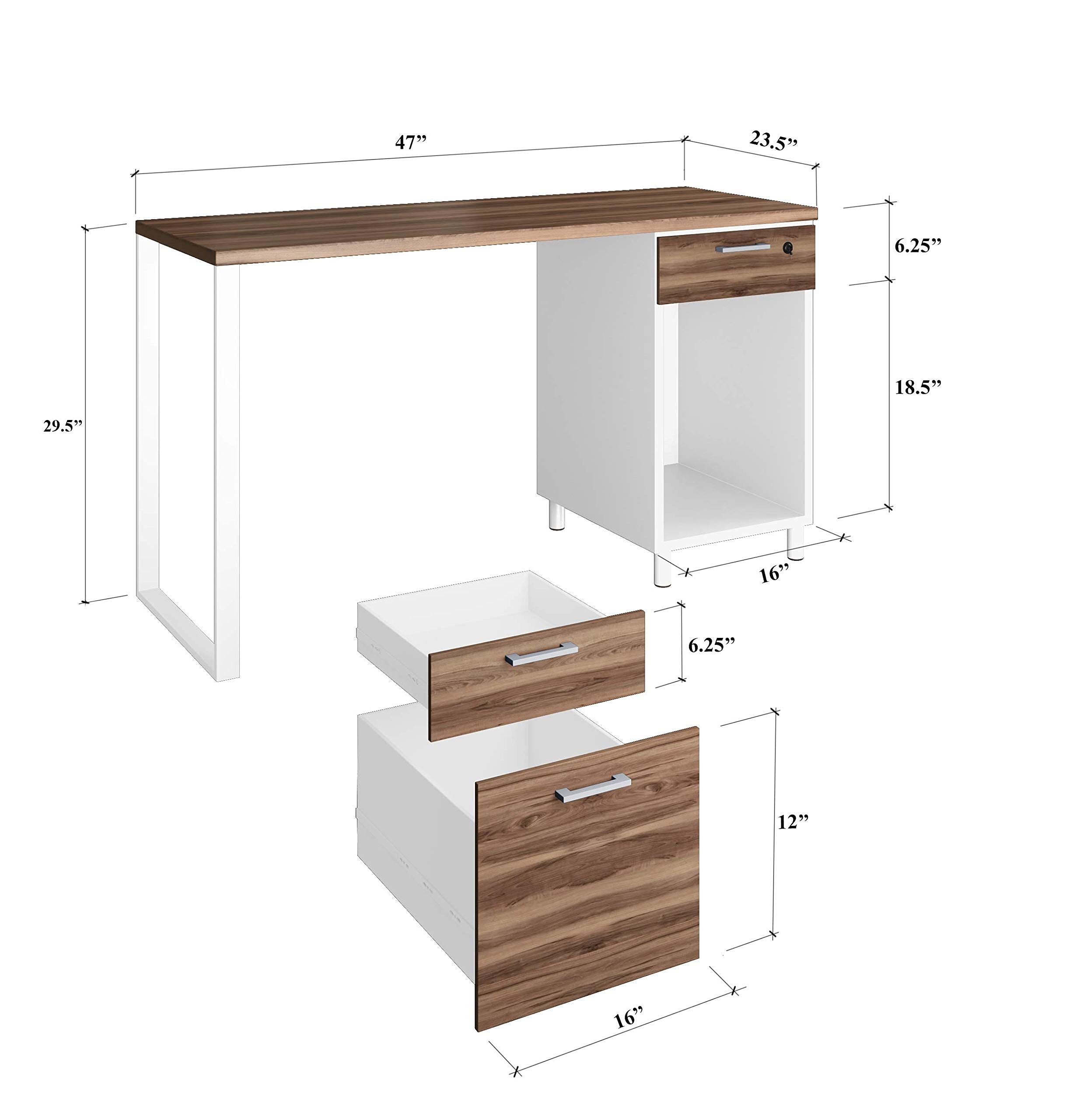 Modern Milano Office Desk with 3 Locking Drawers - 48 Inch White & Walnut Computer Desk with Filing Storage - Home Office Furniture for Small Spaces & Remote Work