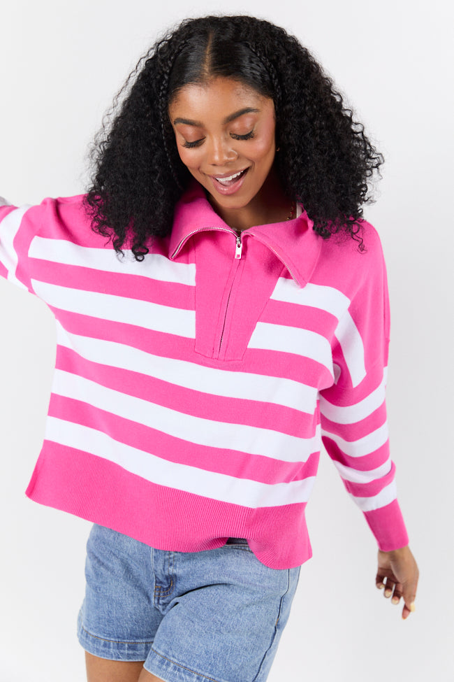 Stylish Pink Stripe Quarter Zip Pullover Sweater - Hip Length for Women | Perfect for Casual Outfits, Layering & Fall Fashion