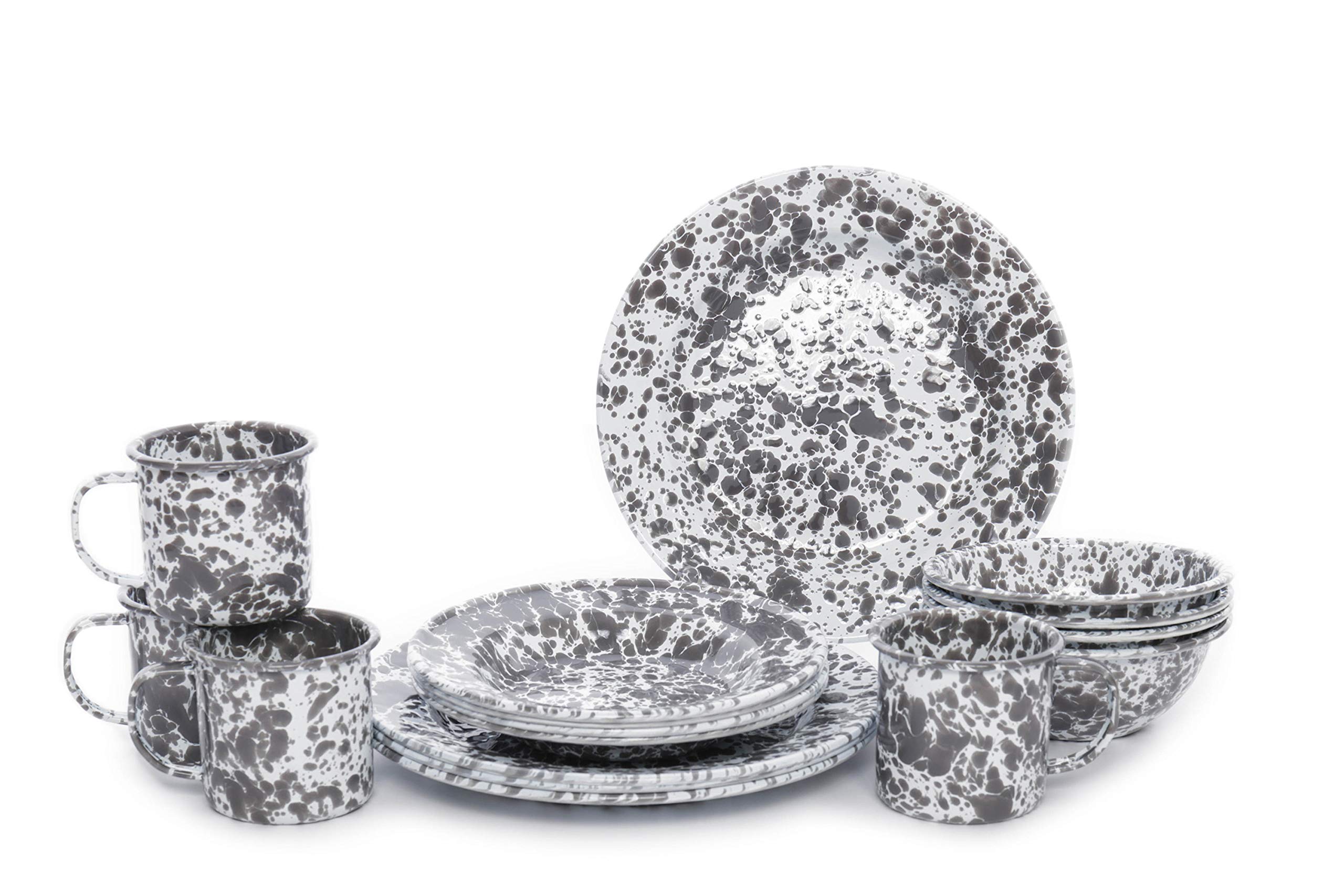 16-Piece Enamelware Starter Set - Grey & White Splatter Design - Durable Camping, Picnic & Outdoor Dining Dishes for RV, Backpacking & Home Kitchen Use