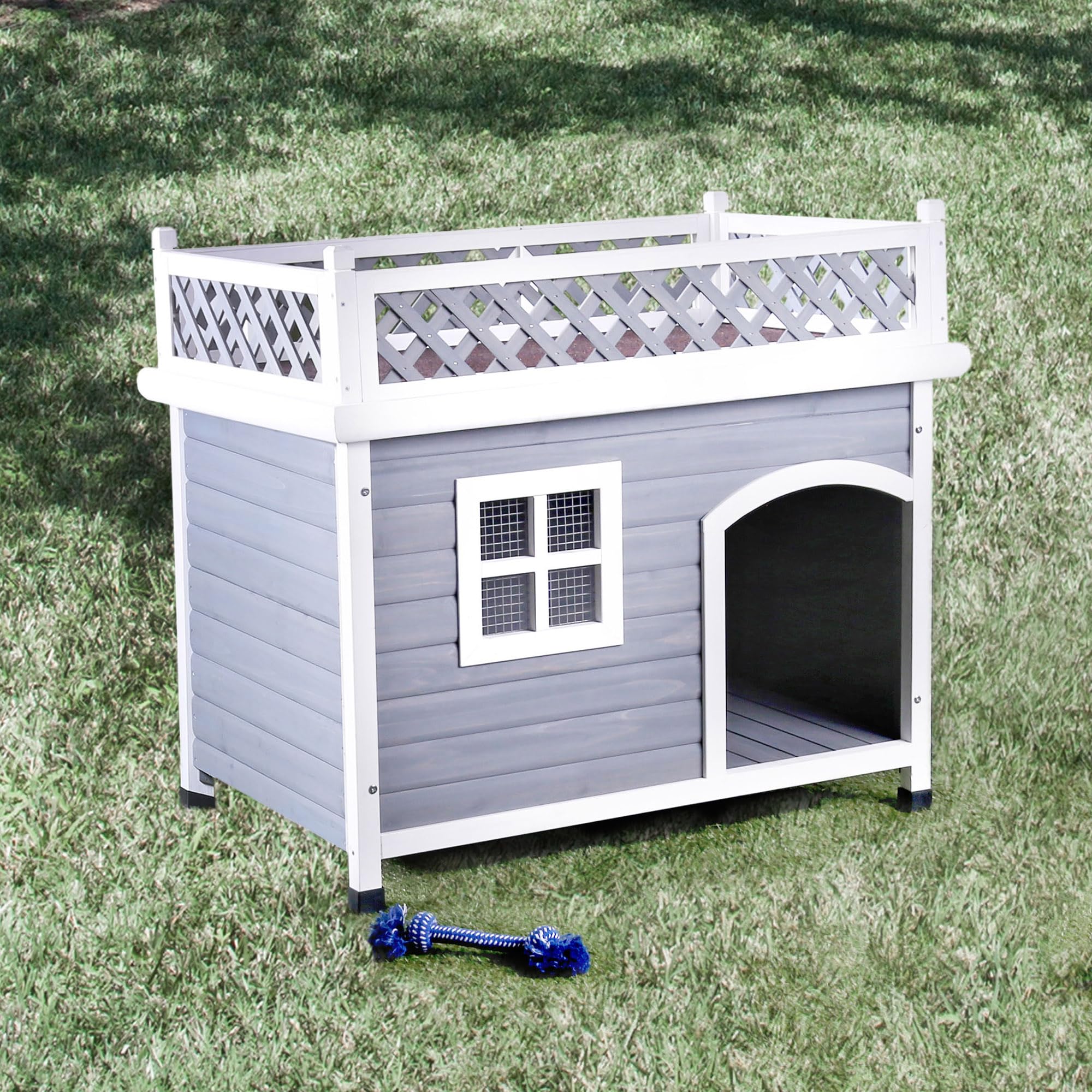 Olivar Contemporary Wood Dog House in Gray & White - Modern Indoor/Outdoor Pet Shelter for Small to Medium Dogs - Perfect for Backyard, Patio, or Living Room