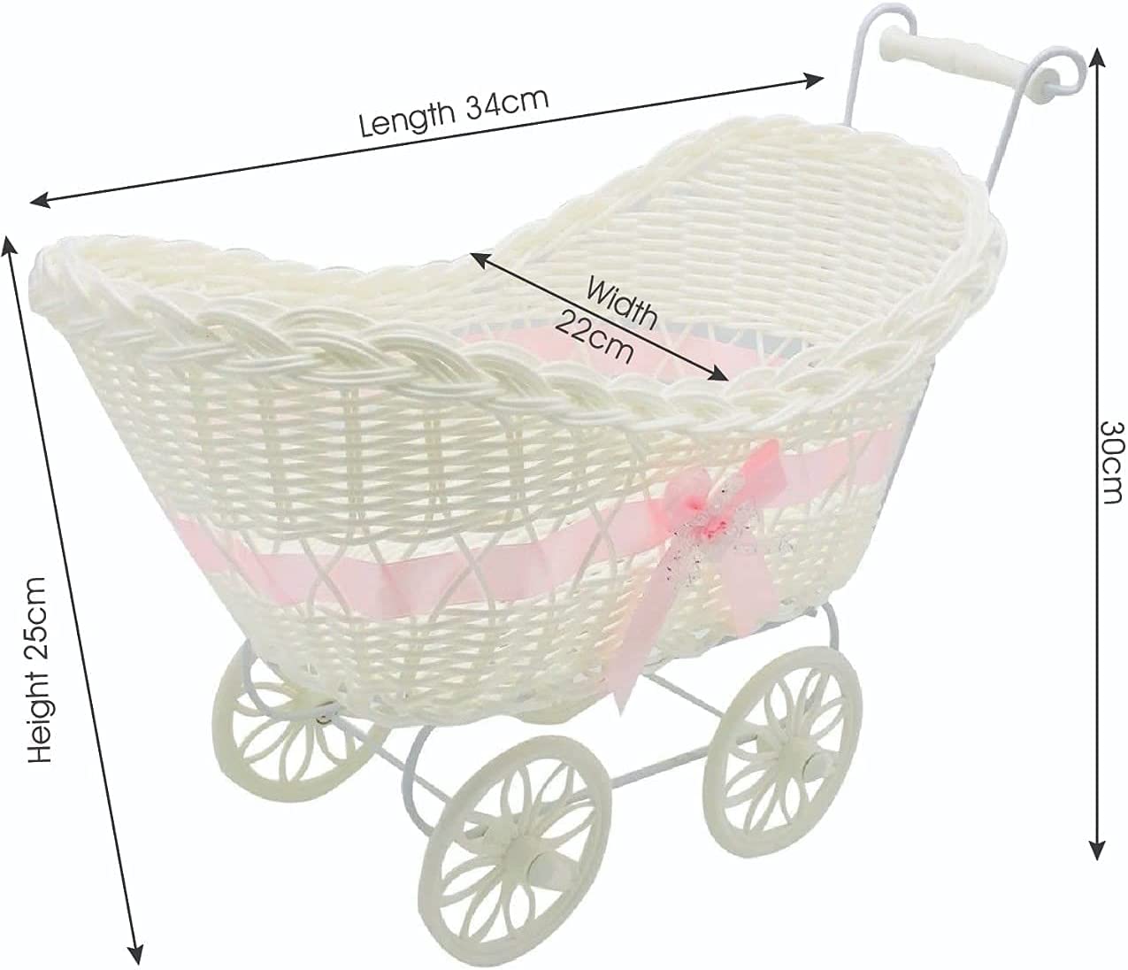 SAFRI Baby Pram Hamper - Wicker Toy Basket with Handles & Wheels - Perfect Baby Shower Gift for Boys & Girls - Newborn Nursery Storage Organizer (Pink) - Ideal for Nursery Decor, Toy Storage & Baby Essentials Organization