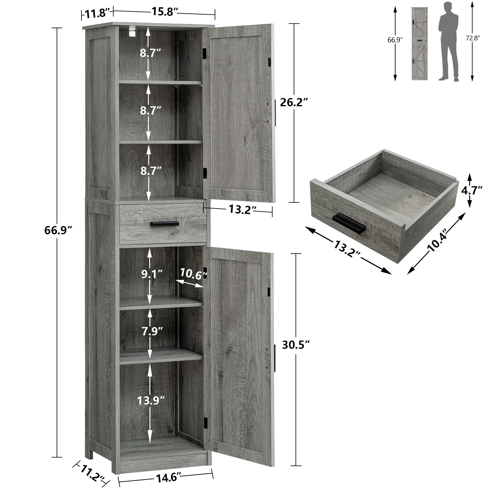 WEENFON 6-Shelf Tall Storage Cabinet with Drawer, Adjustable Shelves for Bathroom, Living Room & Home Office - Rustic Gray UNSNG083C | Space-Saving Narrow Cabinet for Small Spaces & Clutter Organization