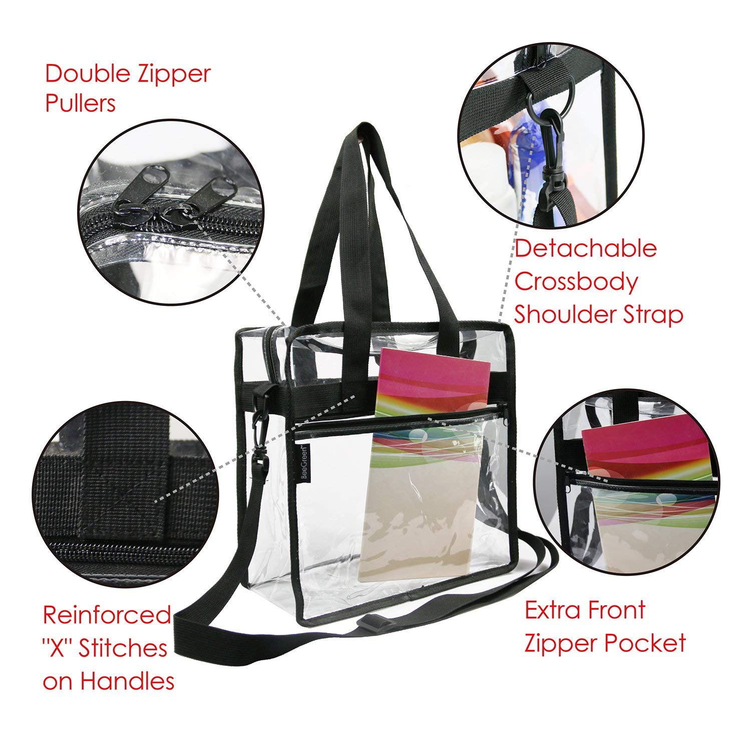 BeeGreen Reusable Grocery Bags - 12 Pack Large Washable Foldable Tote with Zipper Storage Pouch & Clear Stadium Bag, Front Pocket & Adjustable Shoulder Straps | Eco-Friendly Shopping, Travel & Sports Events