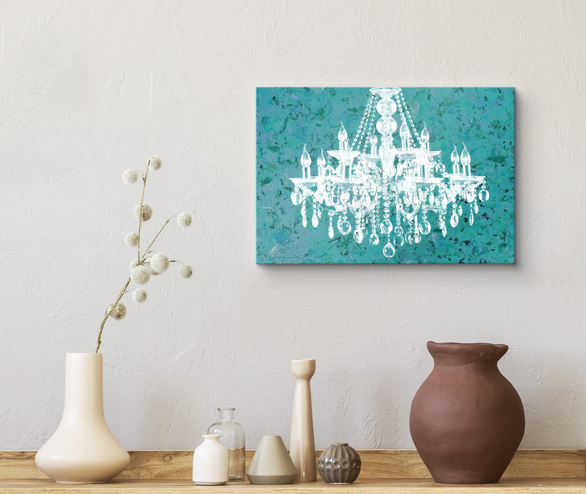 White Chandelier Silhouette on Teal Background Canvas Print - Modern Wall Art Decor for Living Room, Bedroom & Office - 32x48 Inch Digital Artwork - Relaxing Chic Home Decor for Calm Ambiance
