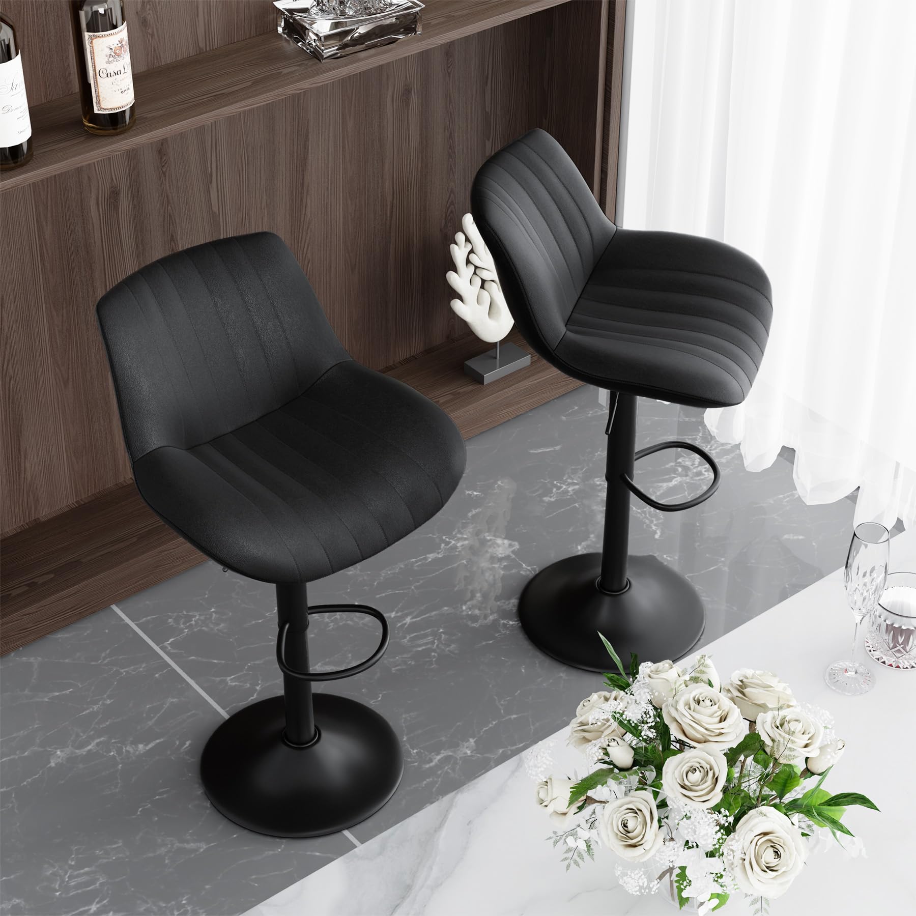 Modern Adjustable Swivel Bar Stools Set of 2 with Backs - Counter Height Kitchen Island Chairs with Performance Fabric - Perfect for Home Bar, Breakfast Nook & Dining Area - Black