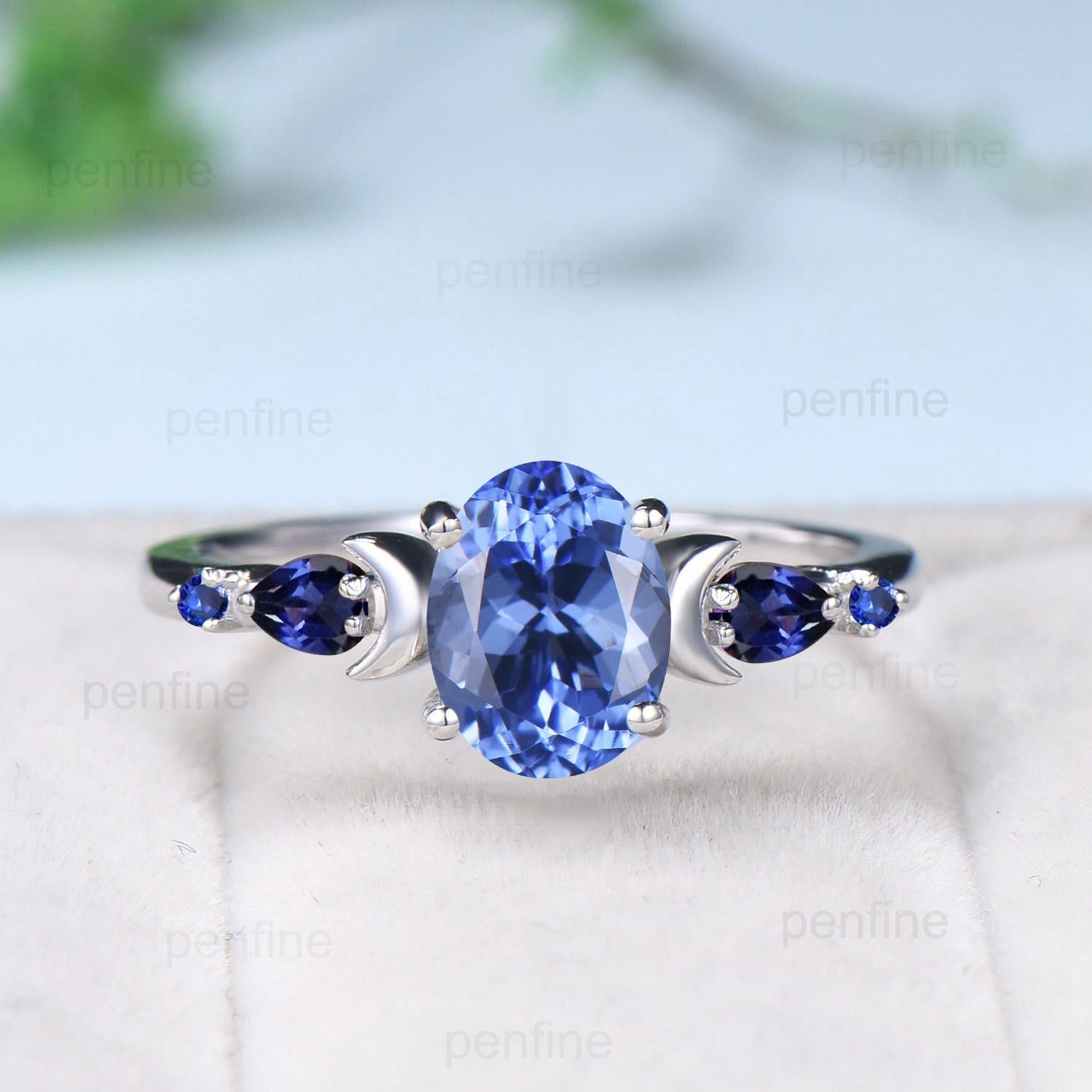 1.5 Carat Natural Oval Tanzanite Engagement Ring Set with 5 Stones in 14K White Gold & Sapphire Accents - Art Deco Bridal Wedding Ring Set for Women - Perfect for Proposals, Anniversaries & Special Occasions