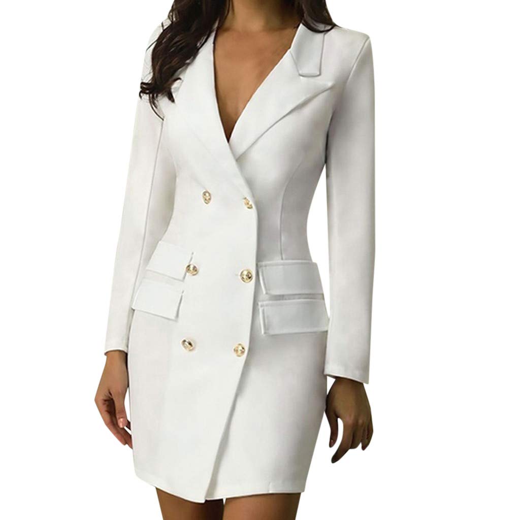Women's White Blazer Dress - Sexy Wrap V-Neck Slim Office Work Dress | Business Cocktail Bodycon Pencil Dress for Professional & Evening Occasions