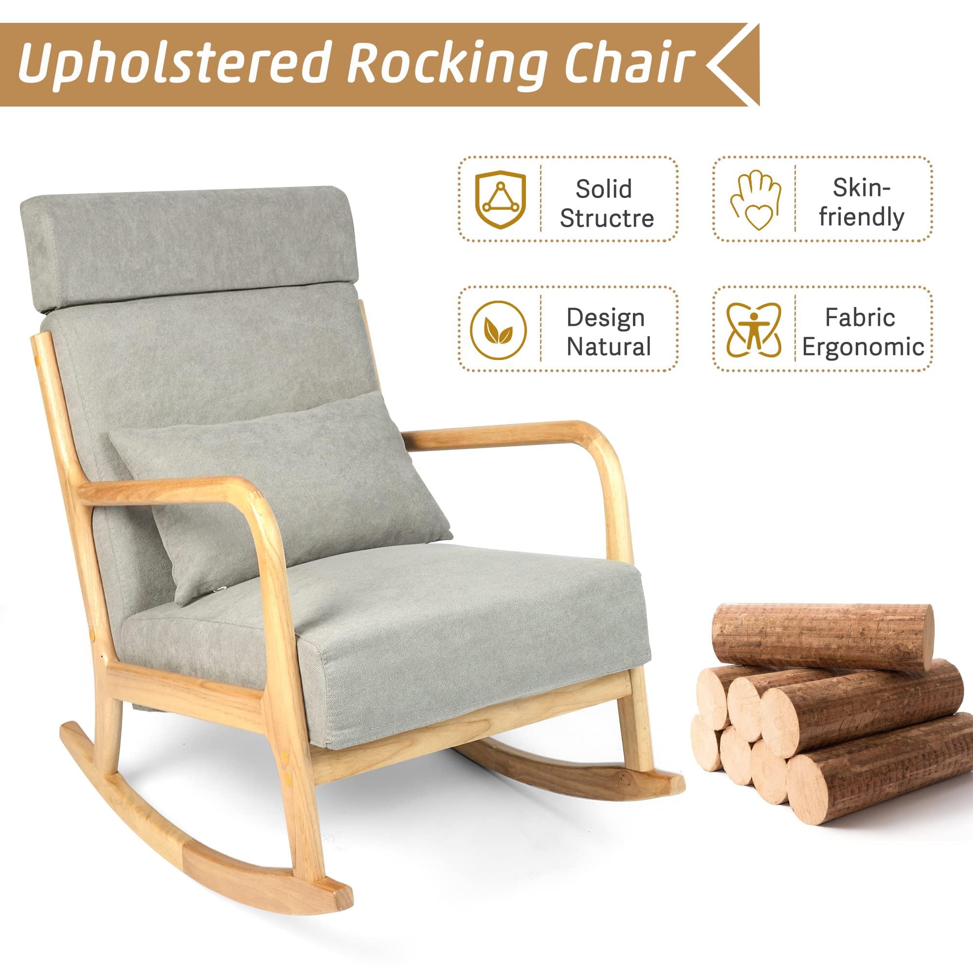 **Solid Wood Glider Rocking Chair with High Back – Upholstered Nursery & Living Room Accent Chair – Grey Linen Fabric for Nursery, Bedroom & Relaxation**    *(Perfect for Nurseries, Living Rooms, Bedrooms & Cozy Relaxation Spaces)*