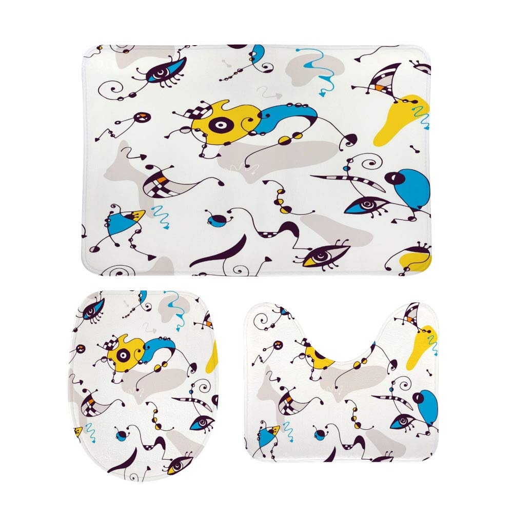 Non-Slip 3-Piece Bathroom Rug Set - Soft Coral Fleece Contour Toilet Mat & Lid Cover, Colorful Surrealistic Design for Bath, Shower & Toilet Area - Water Absorbent & Anti-Skid Bath Mats for Safety & Comfort