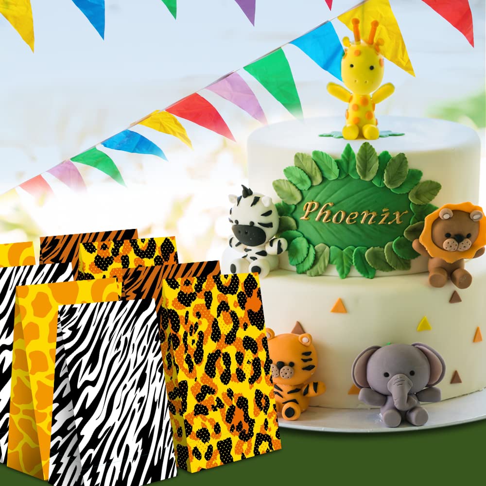 ArtCreativity 12-Pack Safari Animal Print Party Favor Bags - 4 Unique Jungle Designs for Birthday, Baby Shower & Zoo Themed Events - Durable Treat Goody Bags for Kids Party Supplies