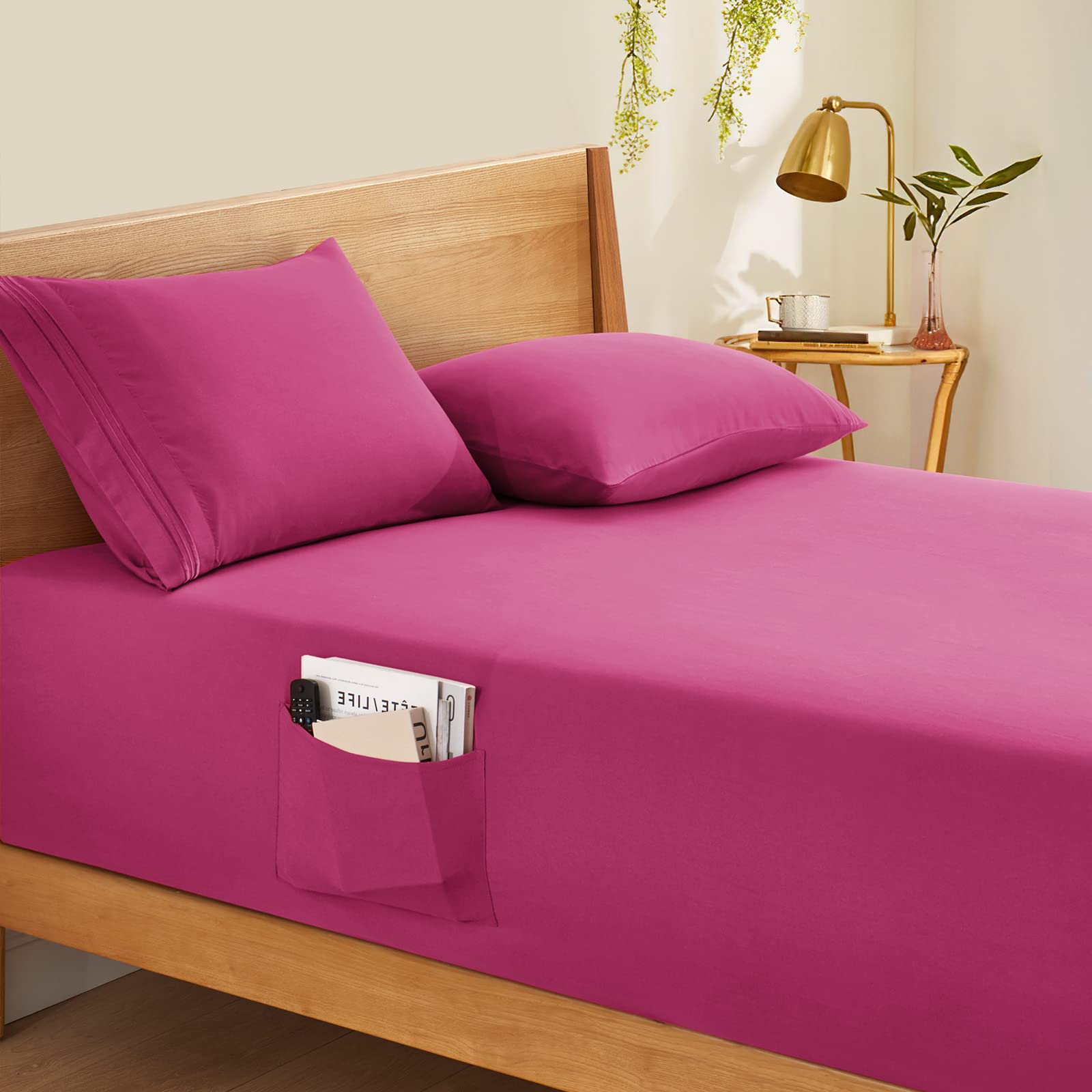 Horbaunal Extra Deep Pocket Queen Fitted Sheet - Fits 18-24 Inch Mattress | 1800 Thread Count Luxury Microfiber | Hot Pink Queen Size Bed Sheet for Comfort & Durability - Perfect for Guest Rooms, Dorms & Adjustable Beds