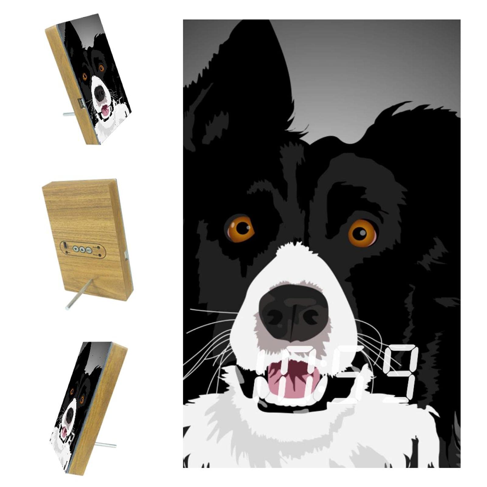 Digital LED Alarm Clock with Watercolor Border Collie Design - USB Charger & Voice Control for Bedroom, Office, and Home Decor