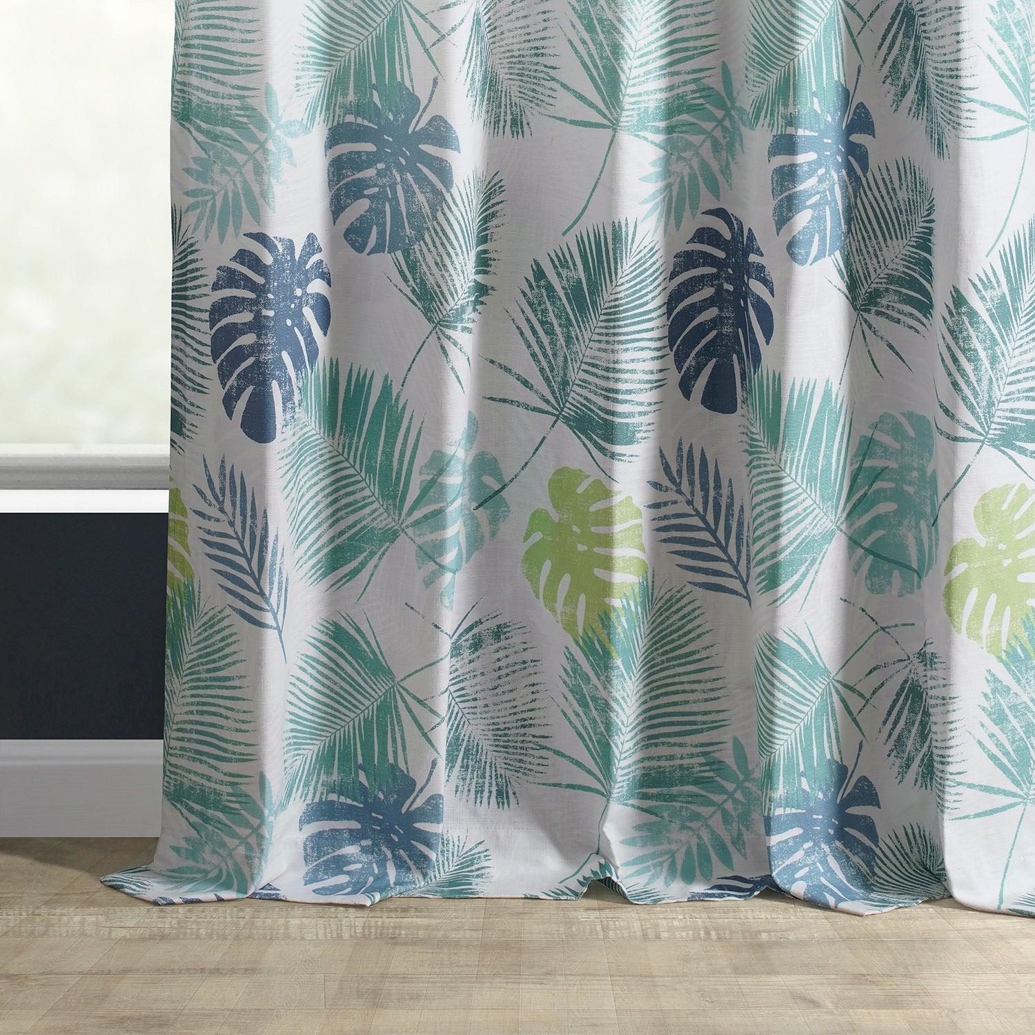 Light Blue Green Floral Printed Cotton Curtains for Living Room & Bedroom - Rainforest Inspired Textured Window Drapes