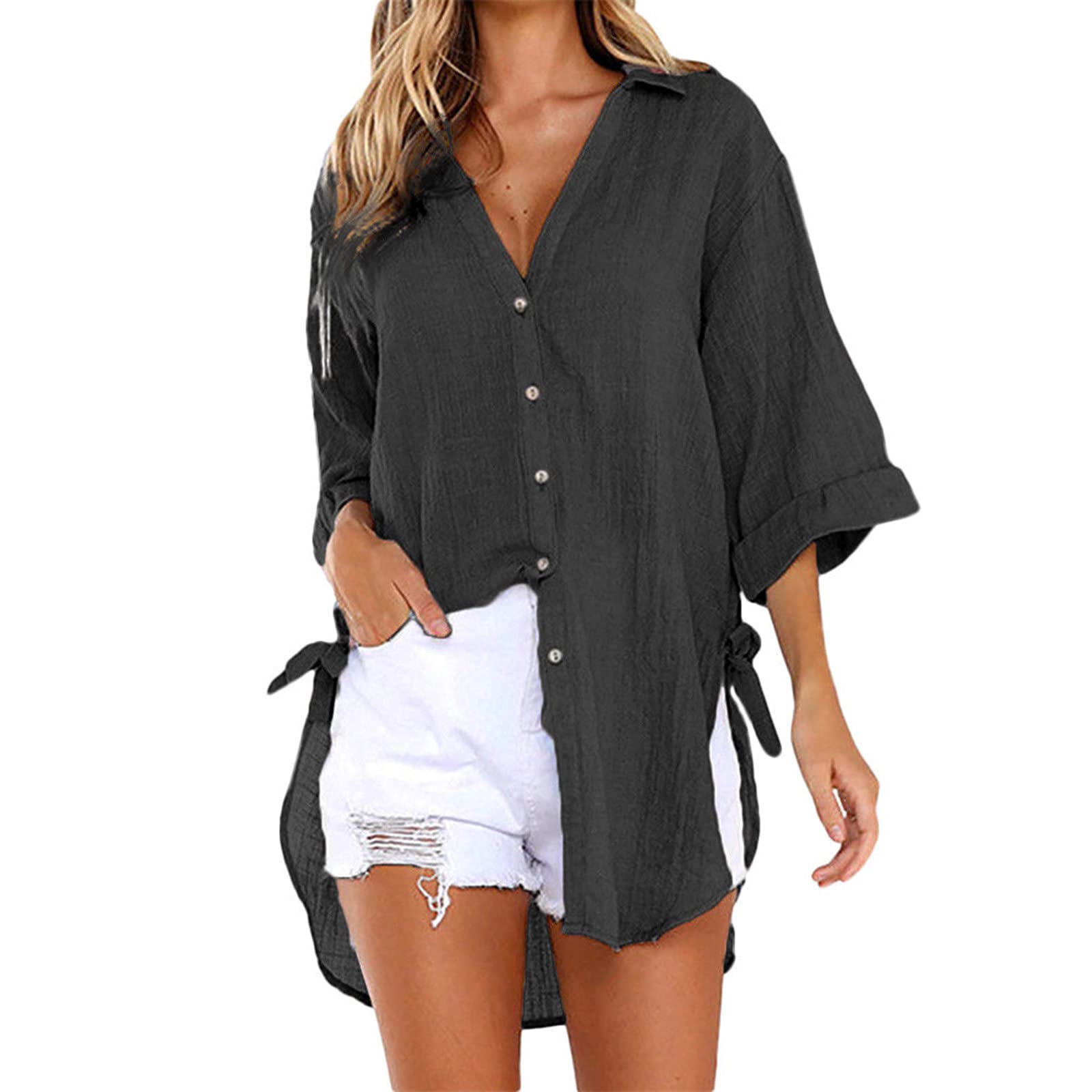 Women's Lace Short Sleeve V-Neck T-Shirt - Loose Casual Blouse Top - Comfortable Breathable Summer Tee for Daily Wear, Outings & Date Nights - Black X-Large