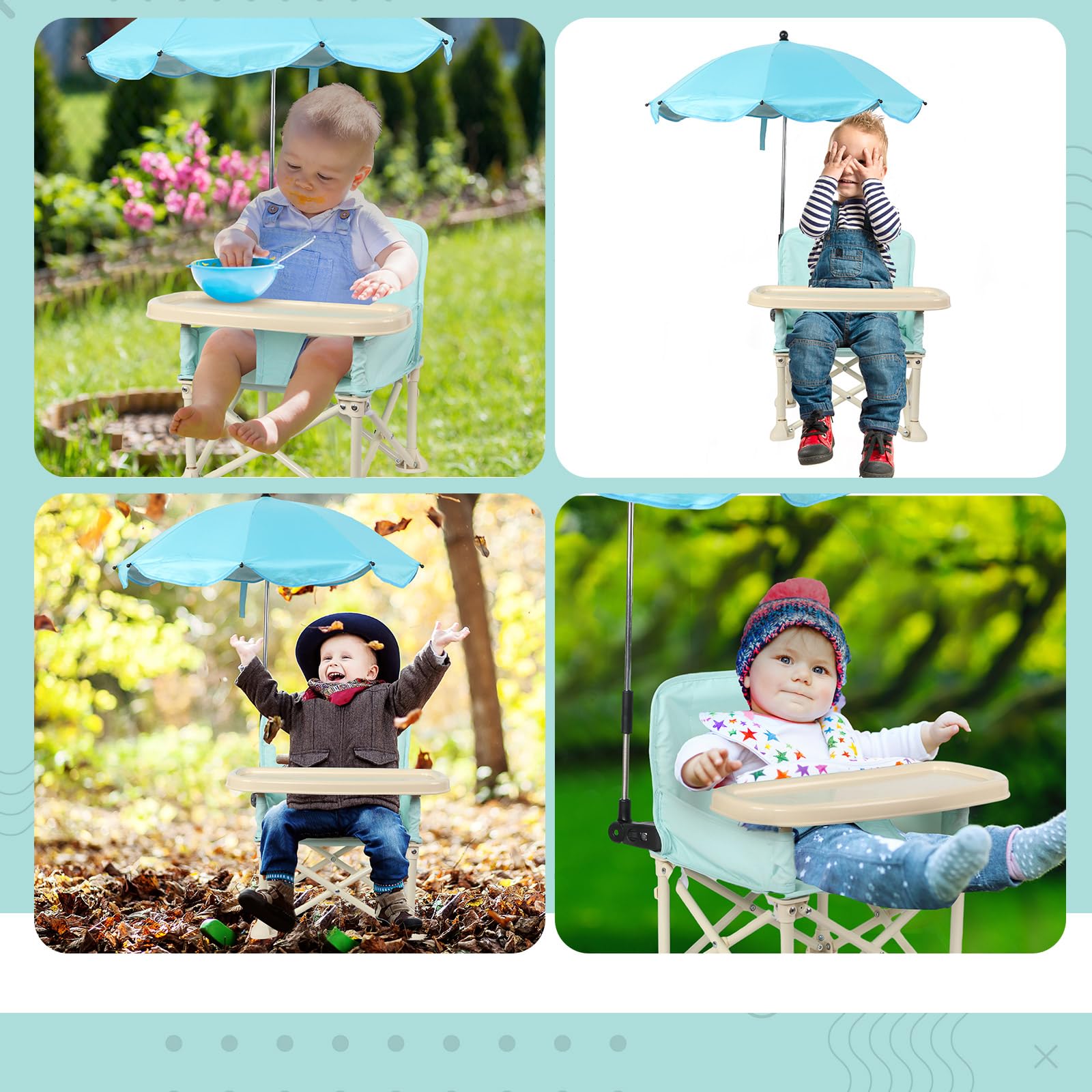 Suzile Portable Baby Beach Chair with Umbrella - Foldable Travel Booster Seat with Tray & Storage Bag - Lightweight Outdoor High Chair for Dining, Camping, Picnics & Beach Trips