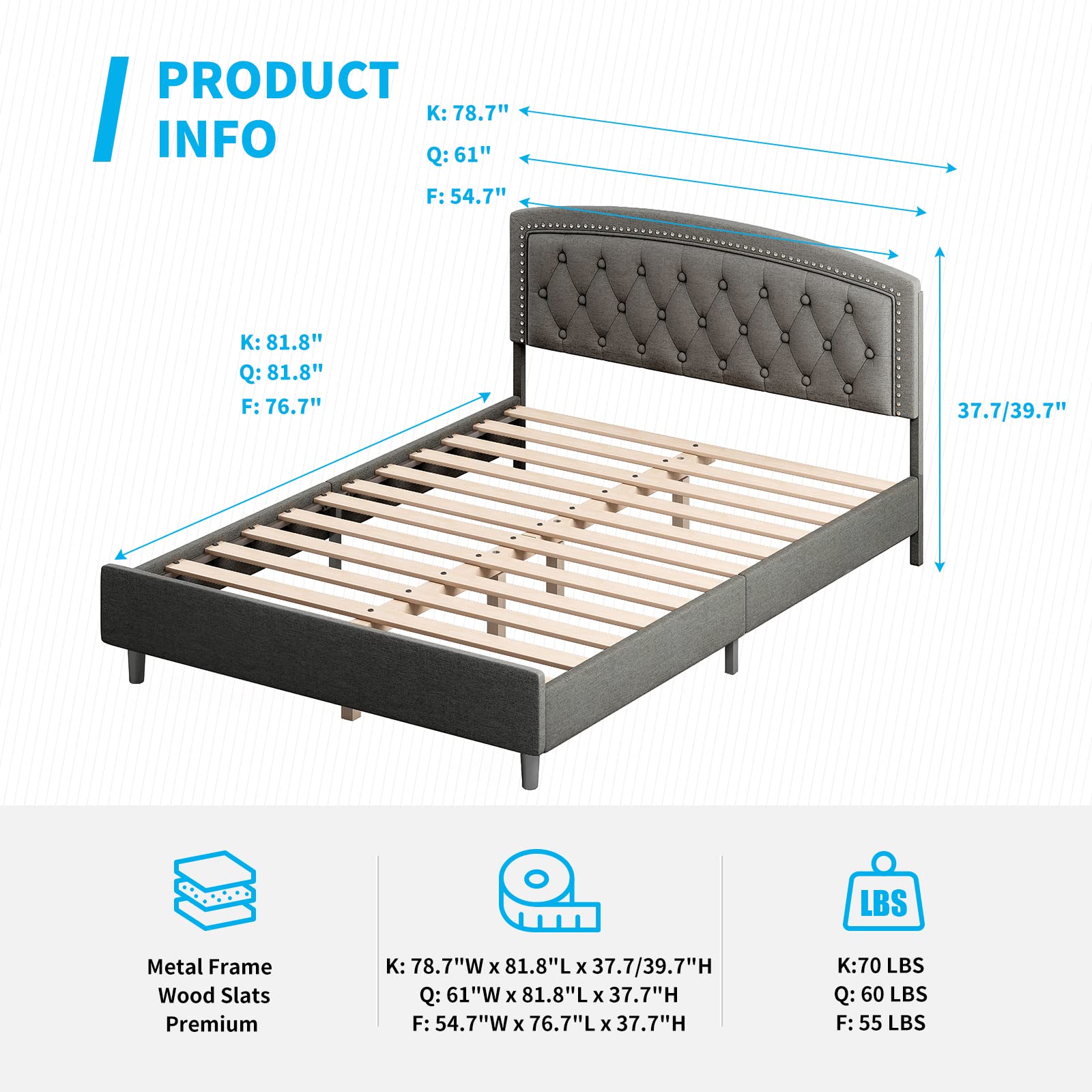 **Mjkone Full Size Bed Frame with Adjustable Headboard - Thin Velvet Upholstered Wood Platform Bed, Dark Grey - Perfect for Modern Bedrooms & Guest Rooms**