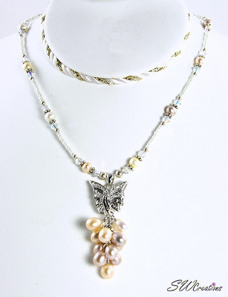 Elegant Pearl Butterfly Silver Crystal Necklace for Women - Perfect for Weddings, Parties & Special Occasions