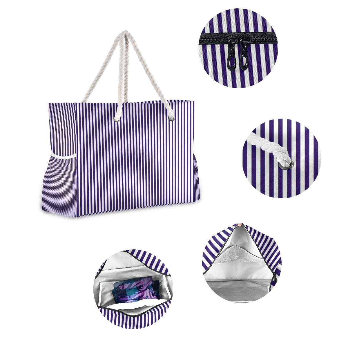 Waterproof Beach Tote Bag with Zipper Top & Long Rope Handles - Large Patterned Tote for Women, Summer Travel, Pool & Beach Essentials