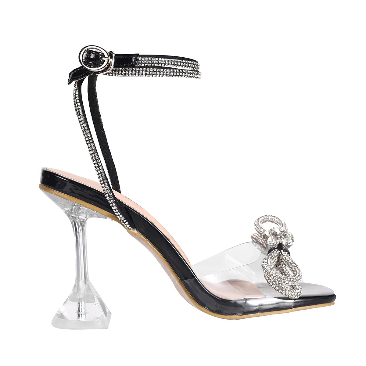 Sexy Rhinestone Bow Women's Square Toe Clear Heels - Open Toe Ankle Strap Stiletto High Heel Sandals for Party, Wedding & Evening Events