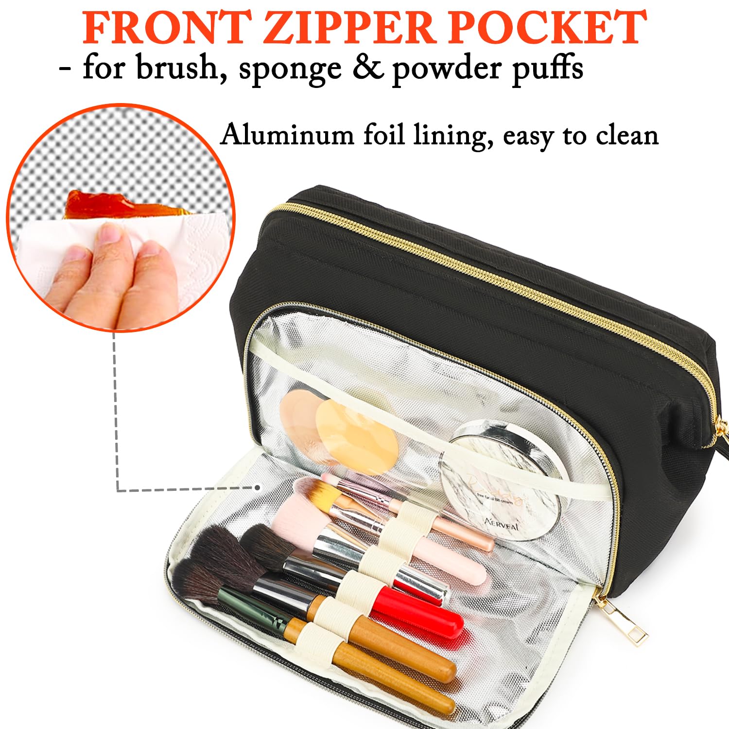 Travel Makeup Bag with Brushes Pocket - Large Cosmetic Organizer for Women | Perfect for Travel & Skincare Storage